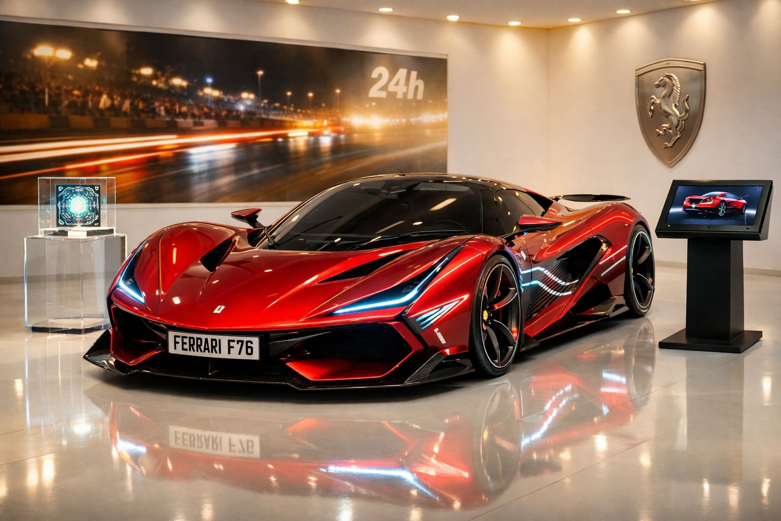 Carro desportivo Ferrari F76 vermelho em exposição num showroom moderno com iluminação brilhante.