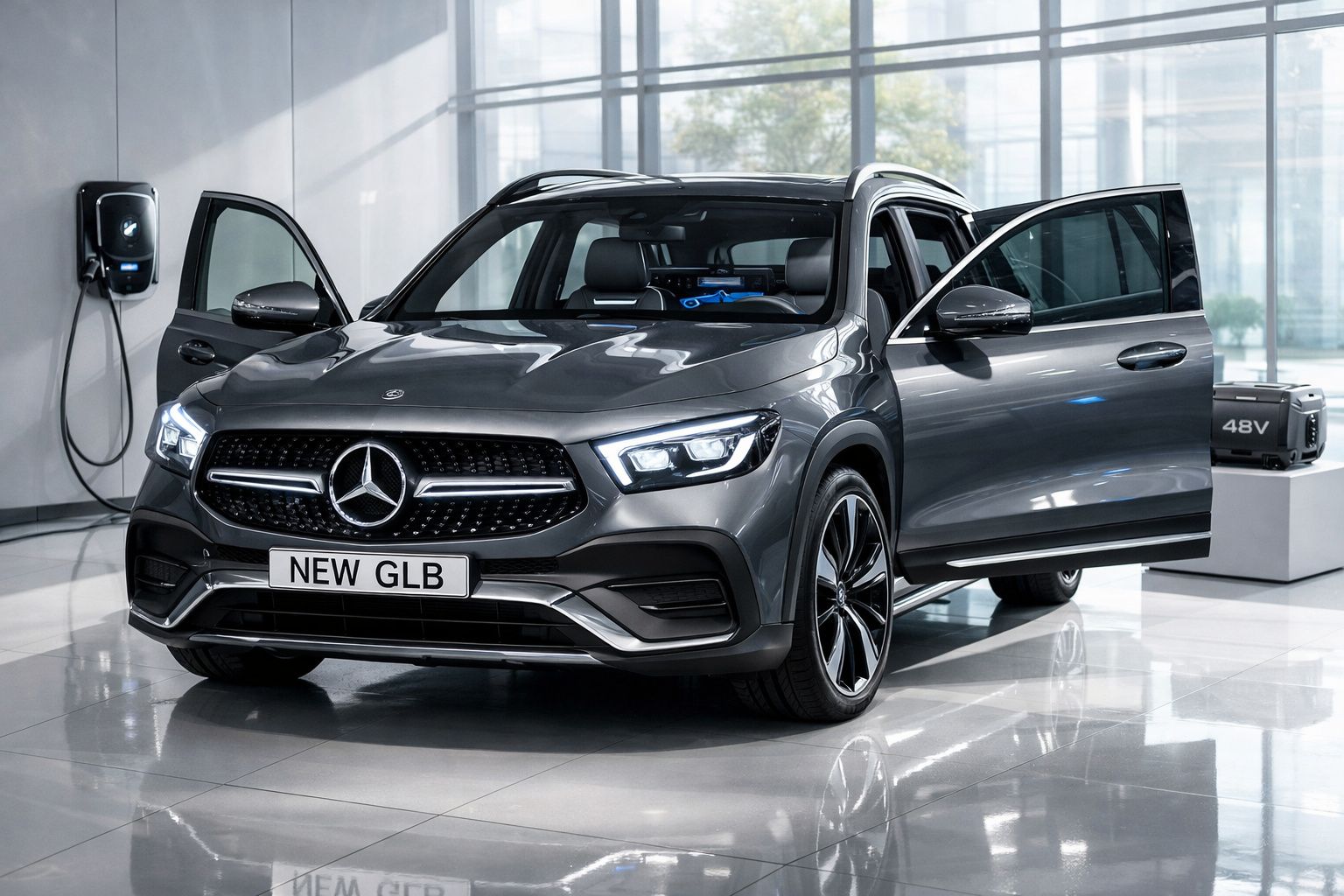 Mercedes-Benz GLB cinzento, elétrico, com portas abertas, a carregar numa estação de carregamento interior moderna.