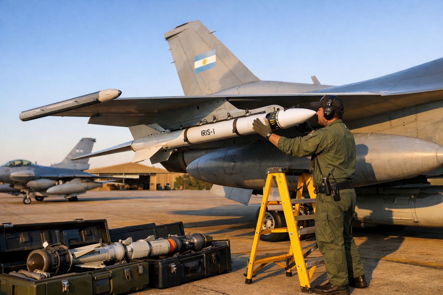 Técnico a instalar míssil IRIS-I numa aeronave militar com bandeira da Argentina no aeroporto ao amanhecer.