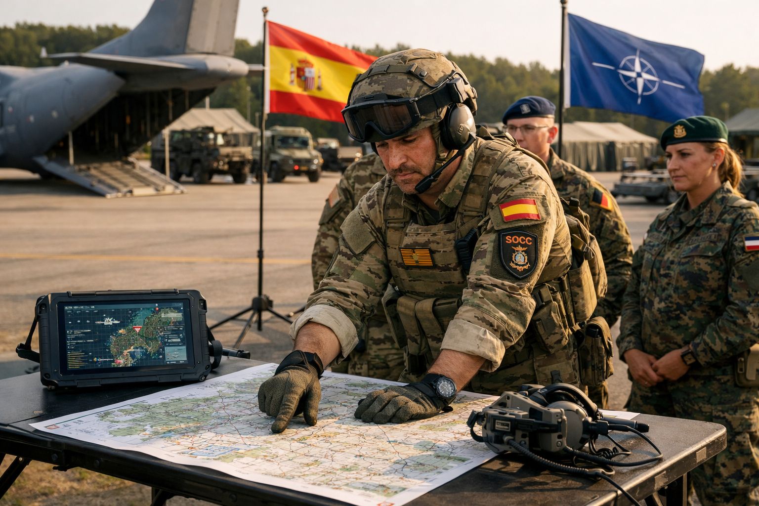 Soldado espanhol a planear numa mesa com mapa, com bandeiras da Espanha e NATO ao fundo.
