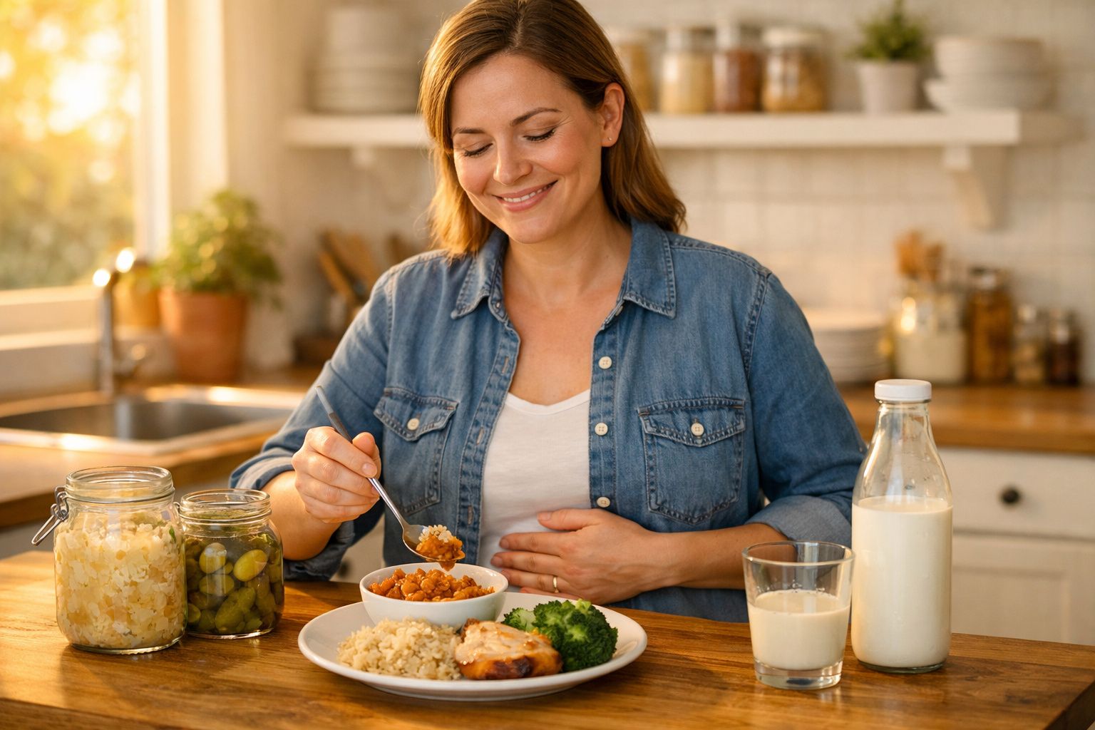 Mulher grávida sentada à mesa a comer uma refeição saudável composta por arroz, legumes e frango.