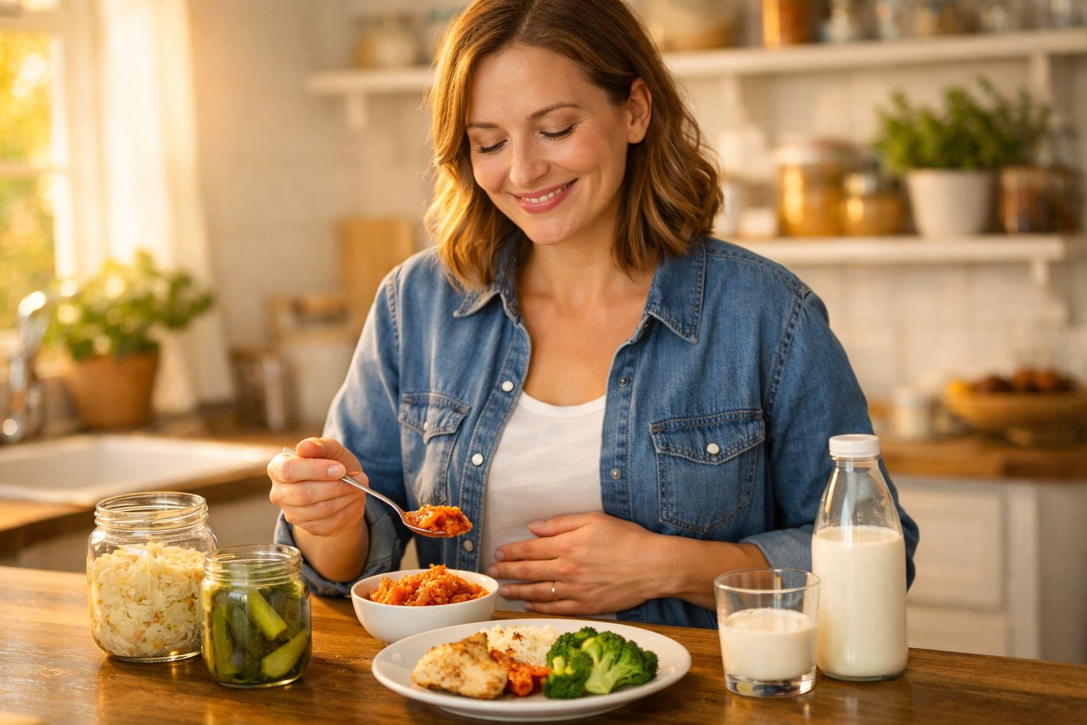 Mulher grávida sorridente a comer uma refeição saudável numa cozinha luminosa e acolhedora.