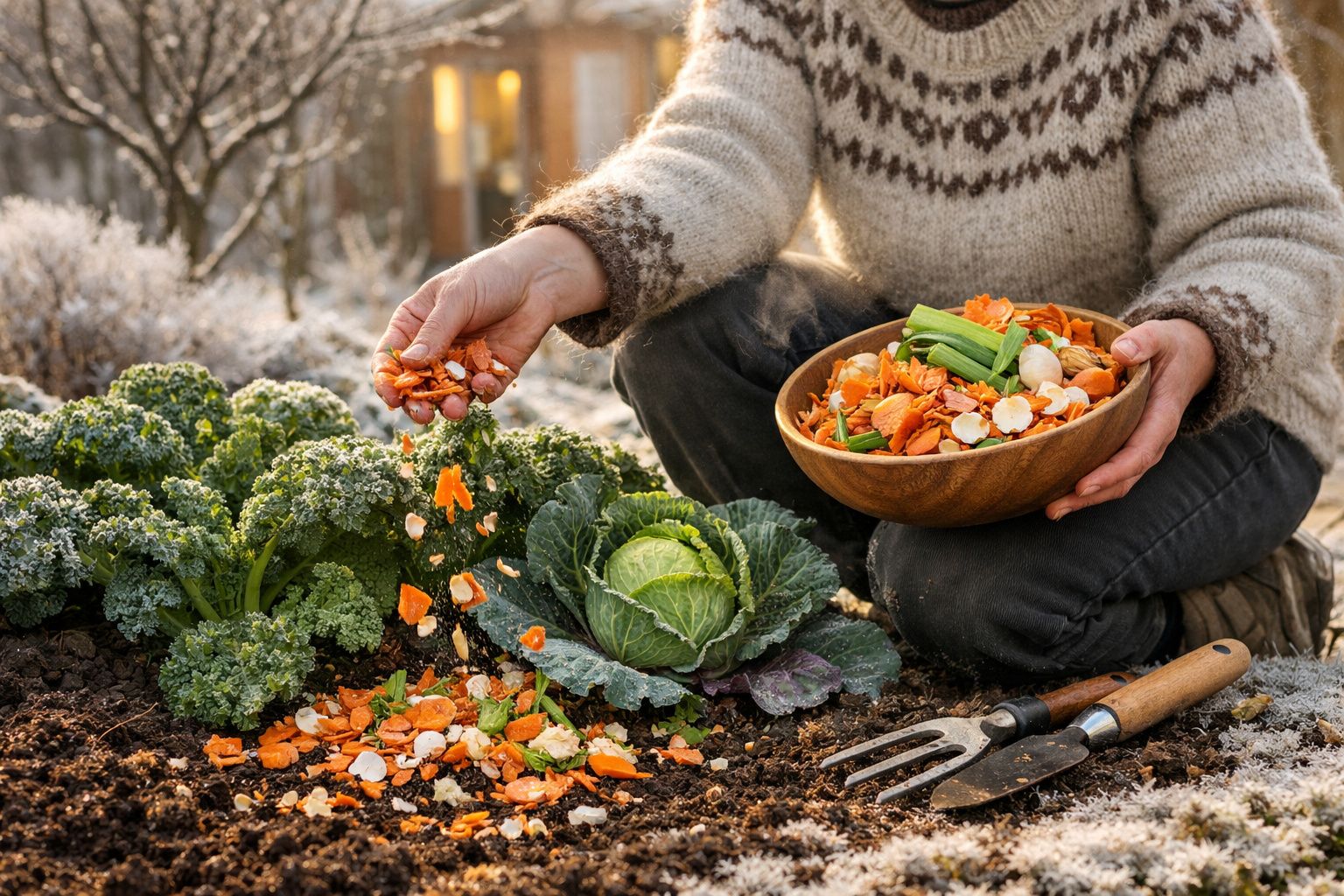 Pessoa a fazer compostagem com restos de legumes junto a couve e couve kale num jardim de inverno.