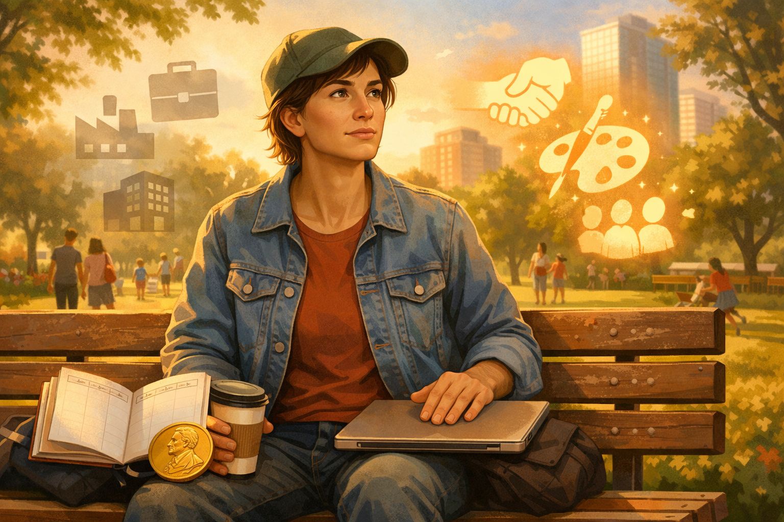 Pessoa jovem sentada num banco de parque com computador, café e livros, rodeada por ícones de trabalho e criatividade.