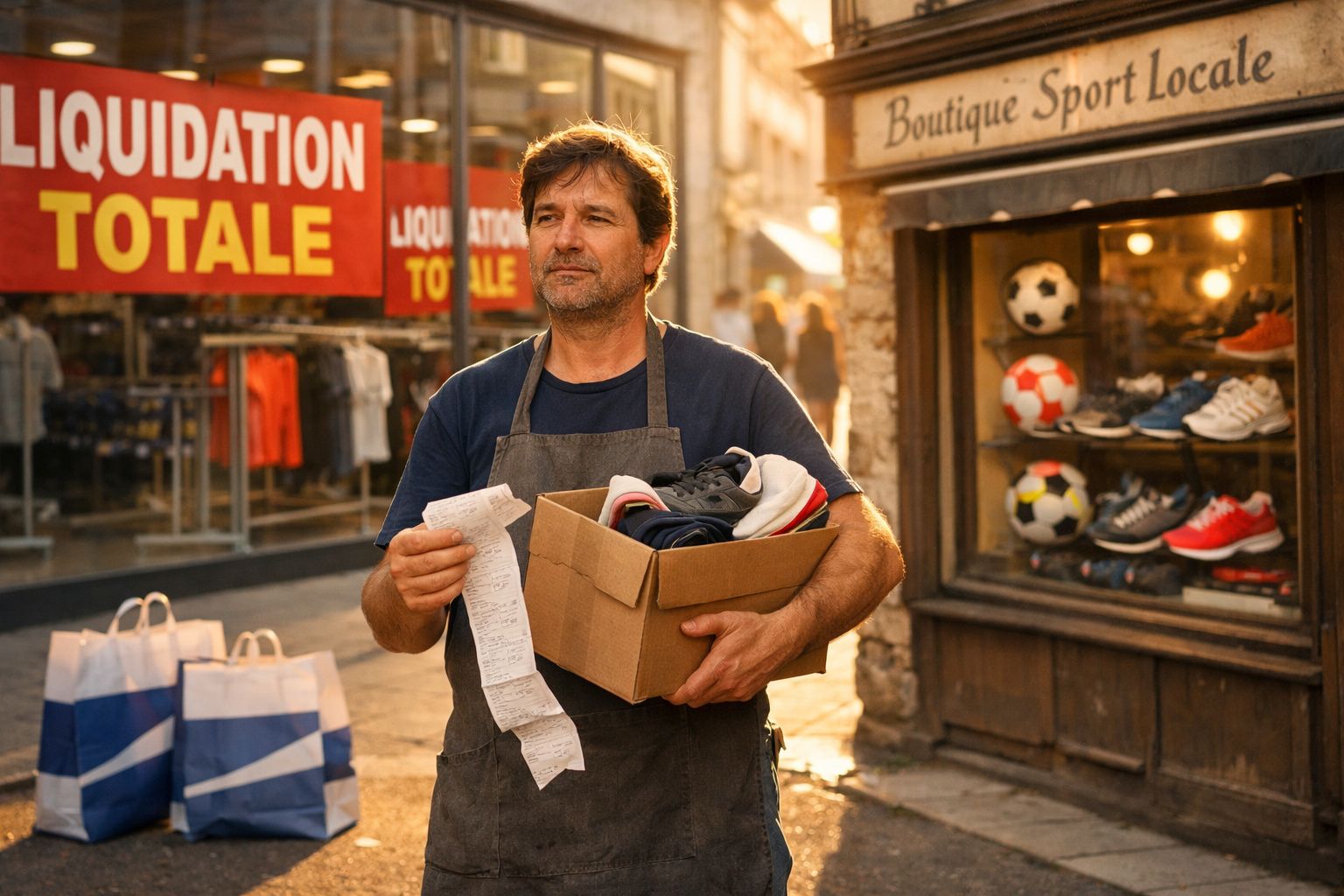 Homem com caixa de sapatilhas e recibo numa rua com promoção de liquidação total numa loja desportiva.