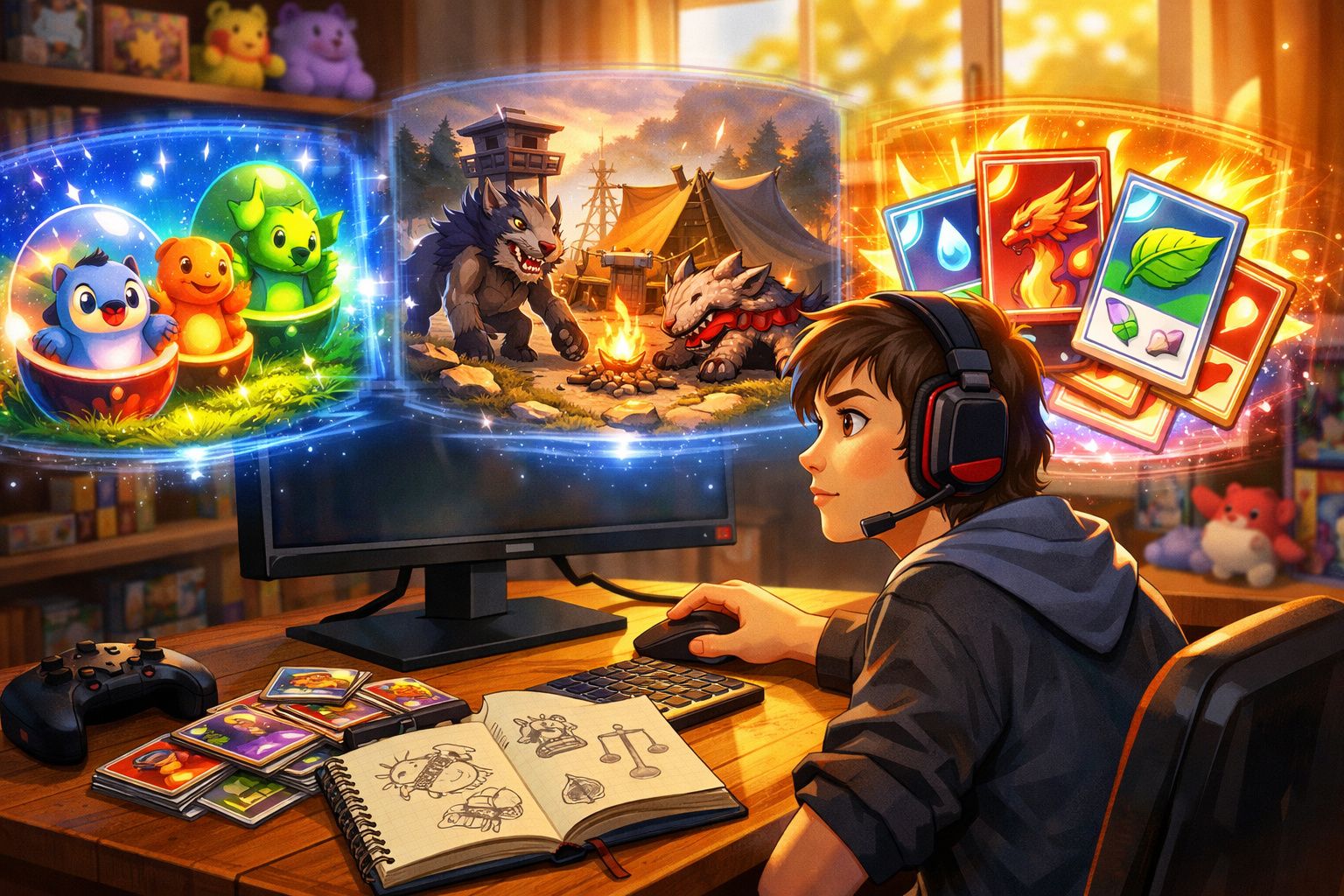 Jovem a jogar videojogo no computador, com criaturas fantásticas, monstros e cartas mágicas a flutuar em volta.