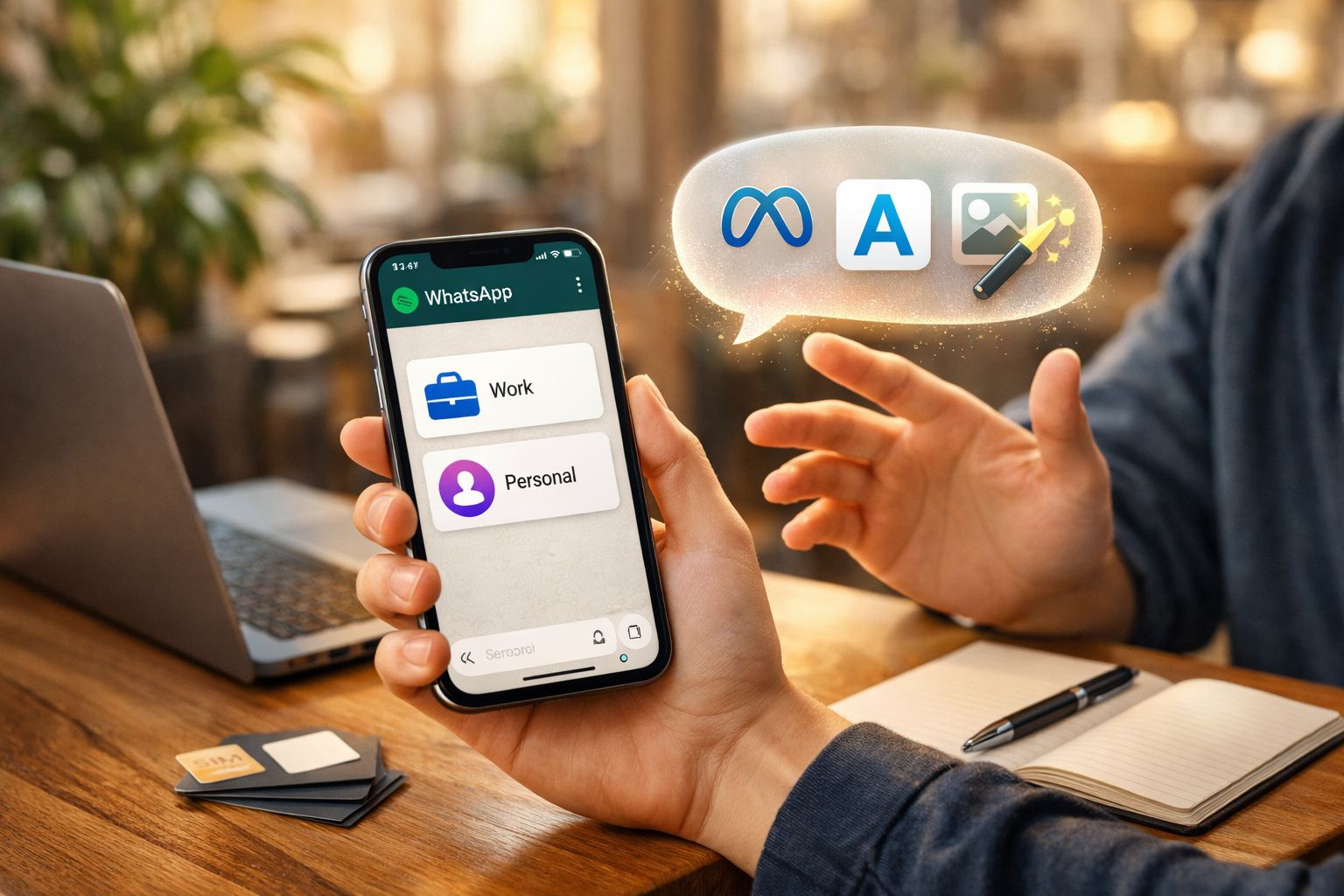 Pessoa segura smartphone com WhatsApp aberto em ecrã, opções "Work" e "Personal", mesa com portátil e caderno.