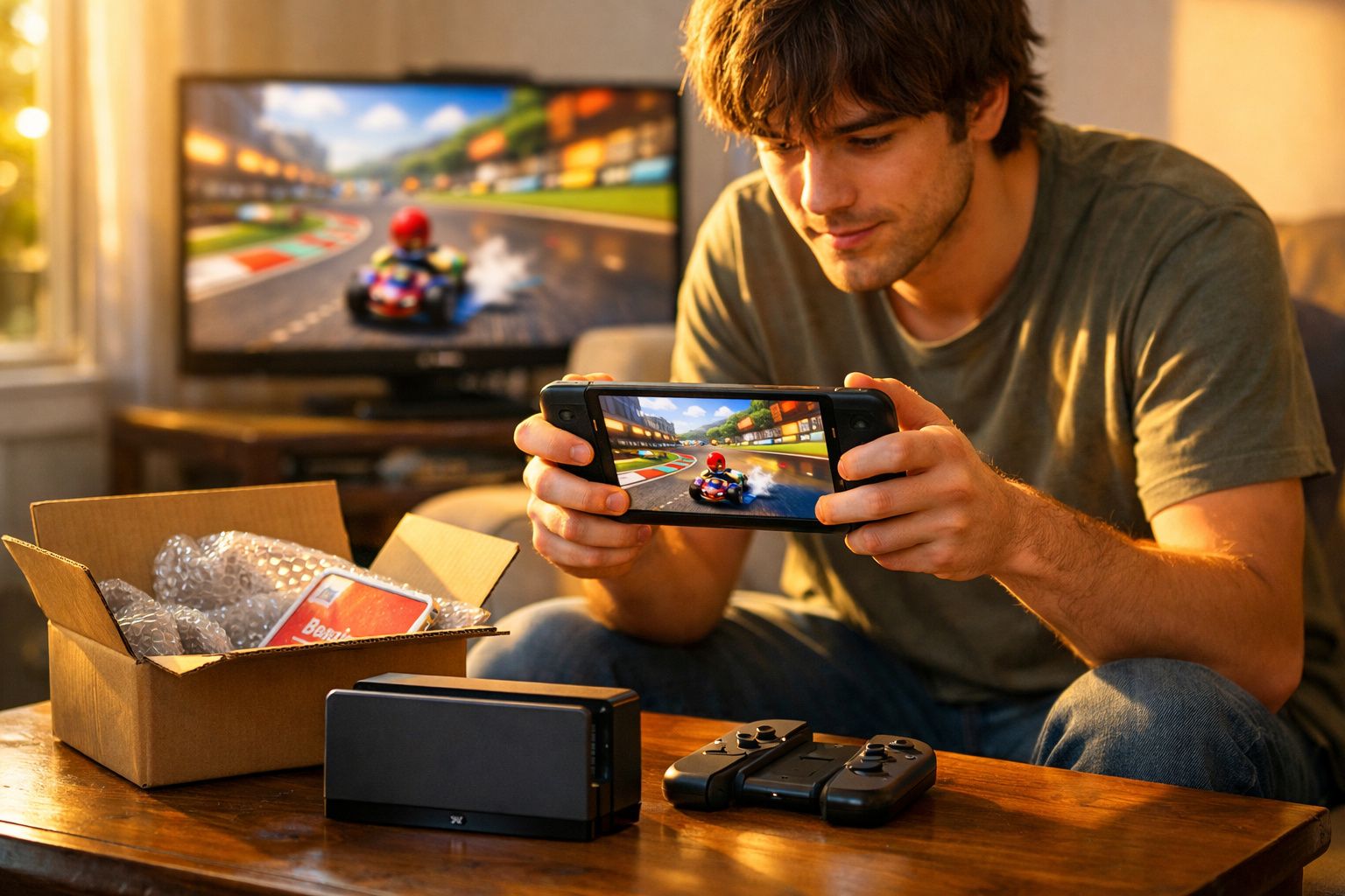 Jovem a jogar videojogo de corridas numa consola portátil com jogo replicado na televisão atrás.