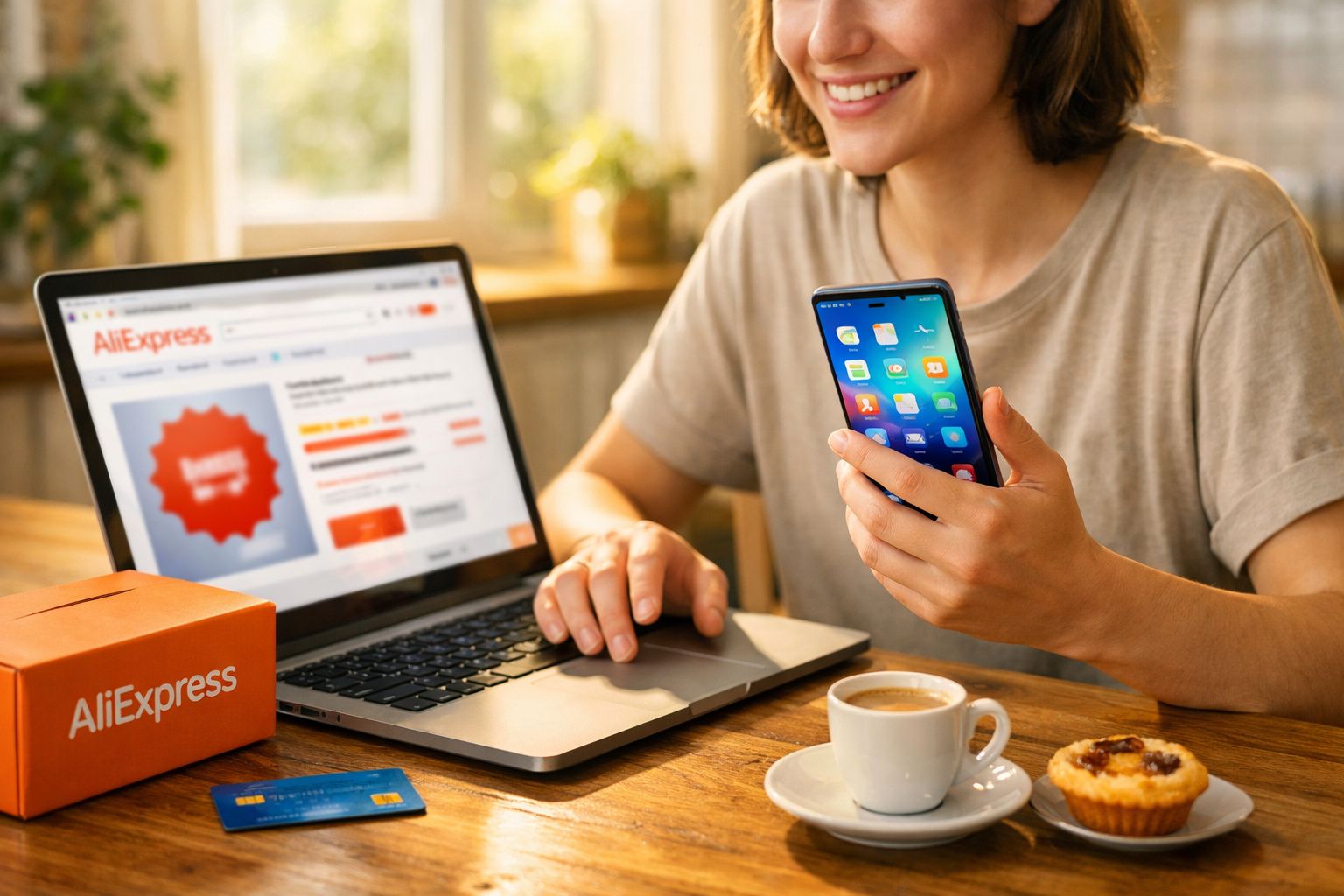 Pessoa a fazer compras online no AliExpress com portátil, smartphone, cartão e café numa mesa.