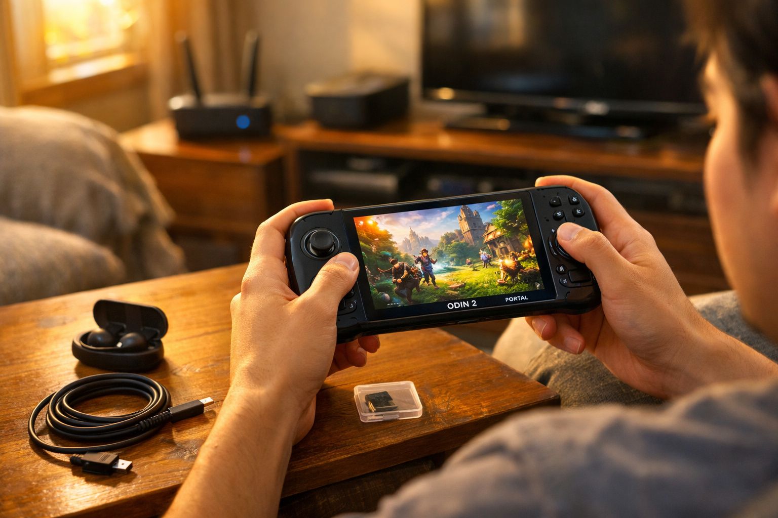 Pessoa a jogar videojogo num dispositivo portátil Odin 2 numa sala com luz natural.
