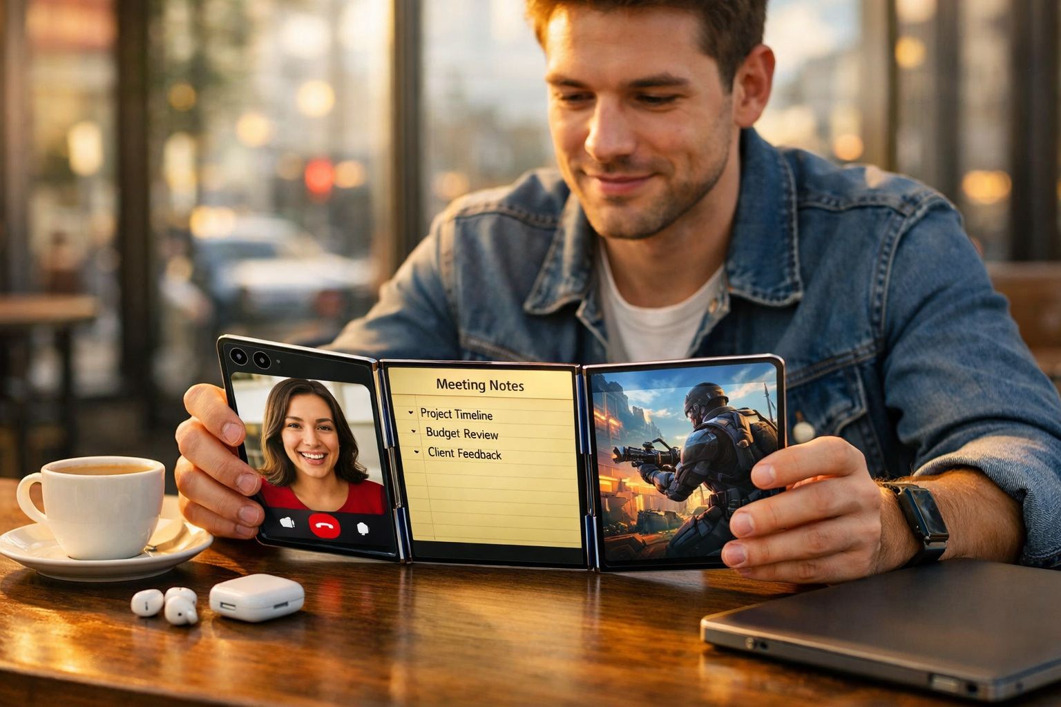 Homem sentado numa mesa de café a usar um telemóvel dobrável com ecrãs múltiplos, incluindo vídeo chamada, notas e jogo.