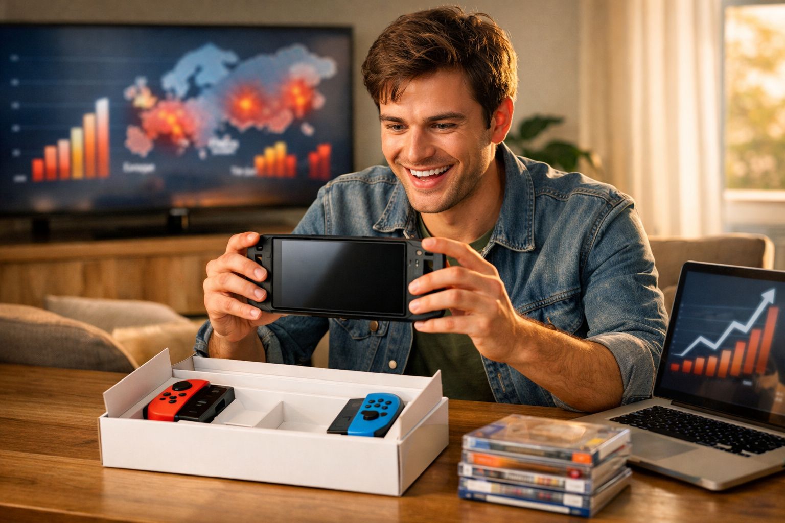 Jovem sorridente segura consola de videojogos à frente de caixa aberta com comandos coloridos e gráficos em ecrãs.