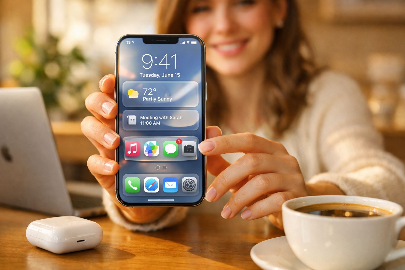 Pessoa segurando smartphone com ecrã luminoso, mesa com chávena de café e auscultadores wireless.