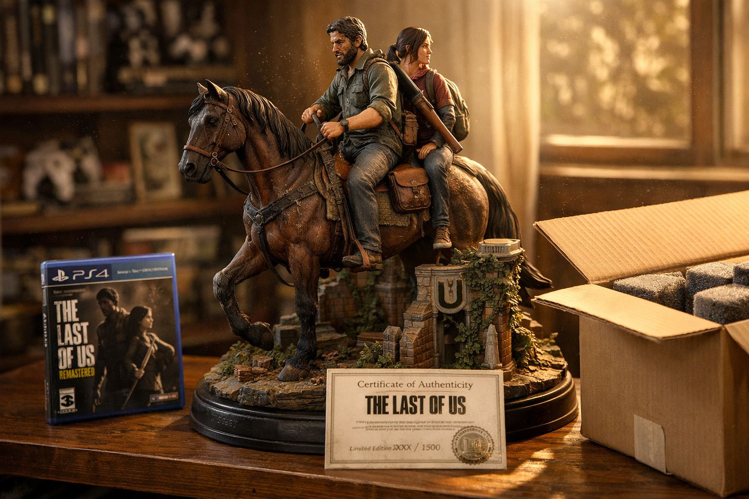 Estátua colecionável de personagens a cavalo do jogo The Last of Us com certificado e caixa abertas.