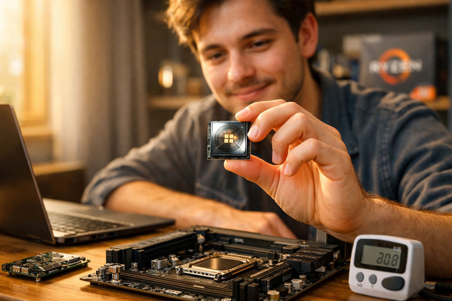 Homem a segurar microchip junto a componentes eletrónicos e portátil numa mesa bem iluminada.