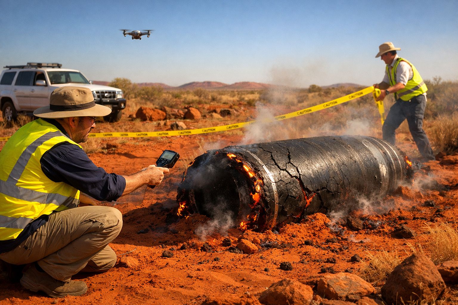 Investigadores de segurança a isolar e analisar barril carbonizado fumegante num terreno árido.