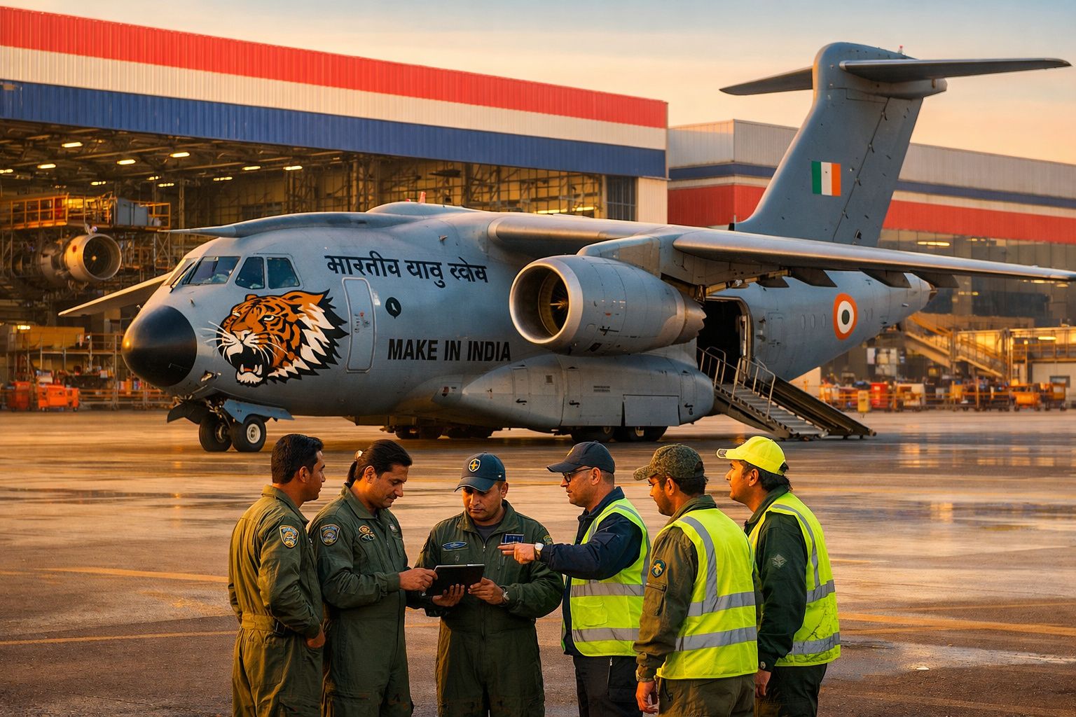 Avião militar indiano estacionado com pessoas em uniformes conversando em aeroporto ao pôr do sol.