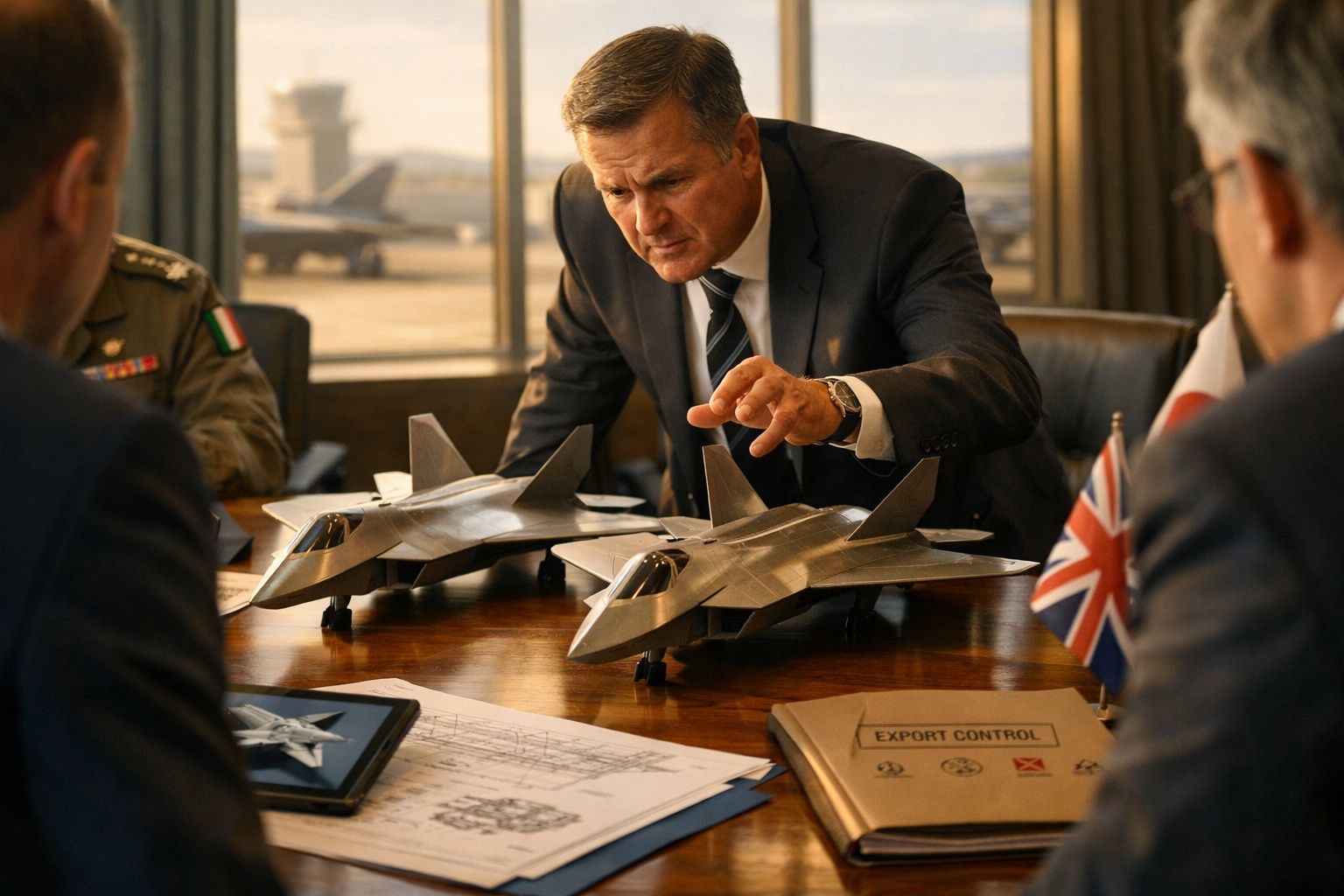 Homem de fato conduz reunião sobre aviões militares com modelo de caça em mesa e pastas de controlo de exportação.