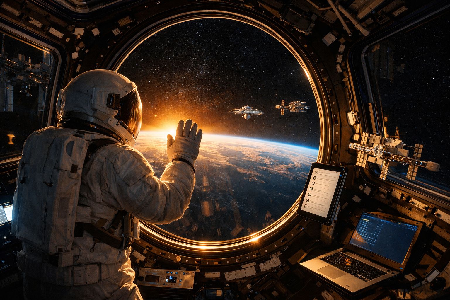 Astronauta dentro de uma nave espacial a olhar e acenar para a Terra ao nascer do sol no espaço.
