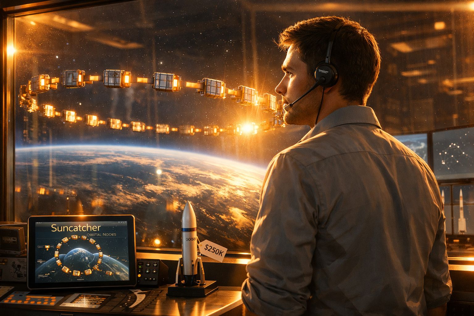 Homem com headset observa modelo de satélites em órbita e tela com mapa da Terra numa sala futurista.