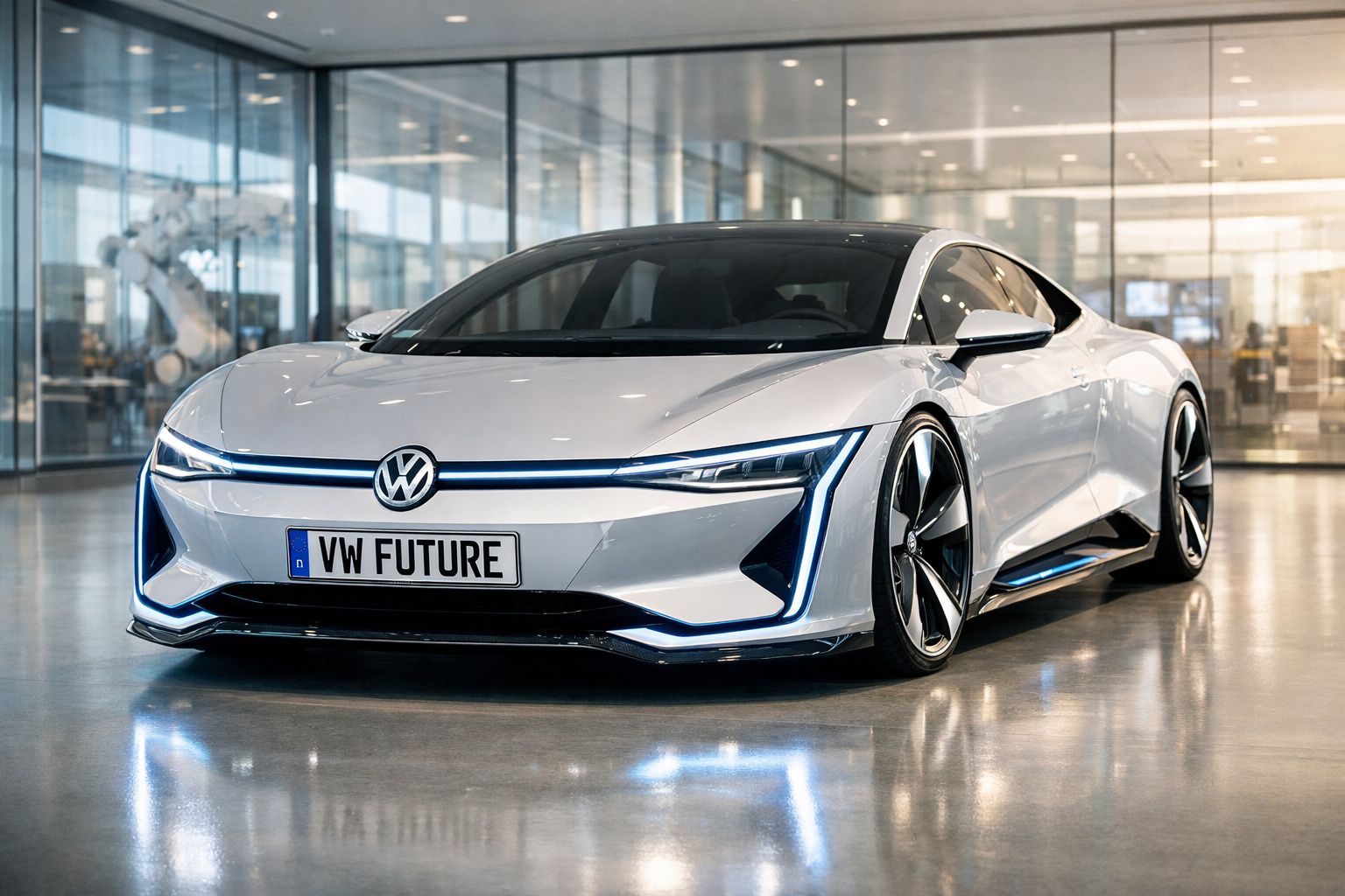 Carro desportivo elétrico Volkswagen futurista branco em interior moderno e brilhante.