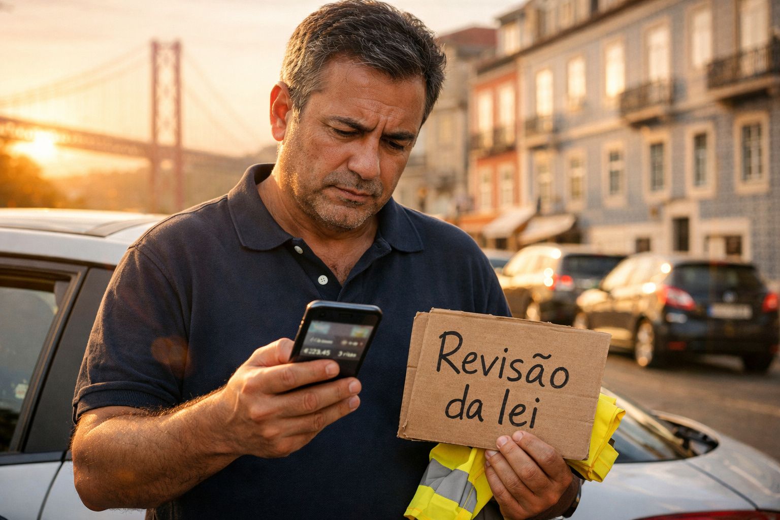 Homem sério segura placa “Revisão da lei” e olha para telemóvel numa rua urbana ao final do dia.