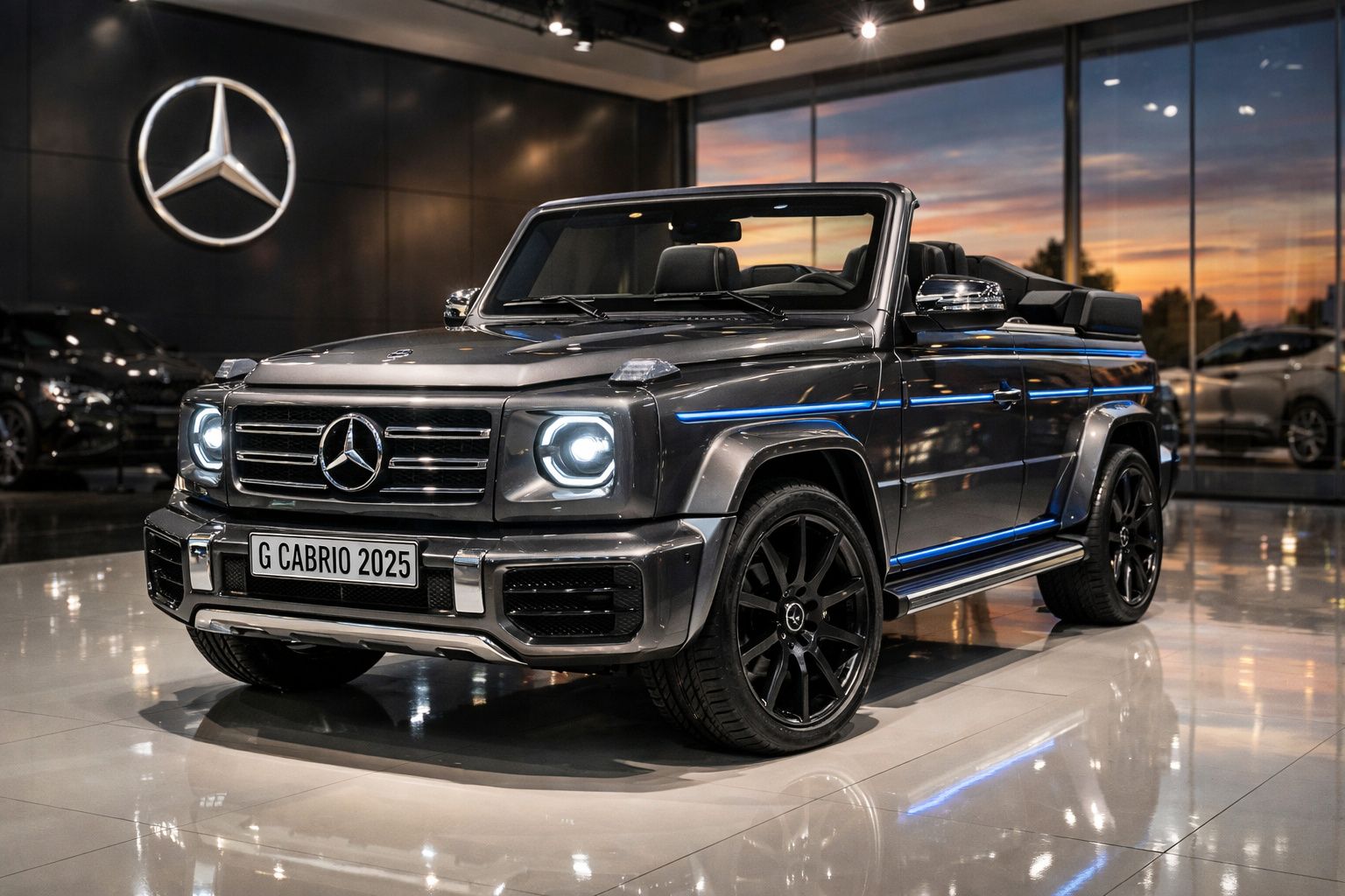 Mercedes-Benz G Cabrio 2025 conversível cinzento escuro em showroom com logótipo iluminado ao fundo.