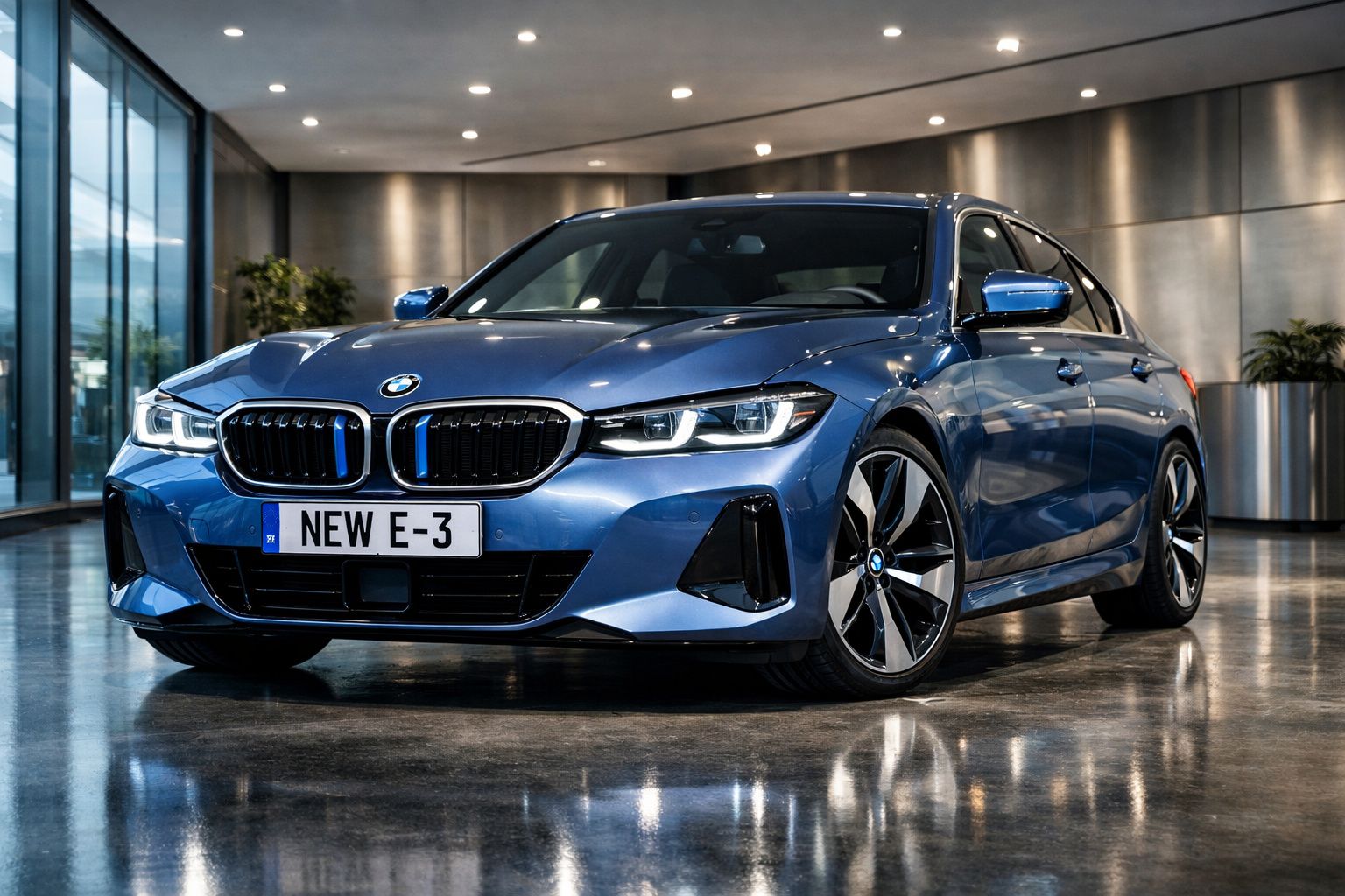Carro BMW elétrico azul estacionado num showroom moderno com piso refletor e iluminação interior.