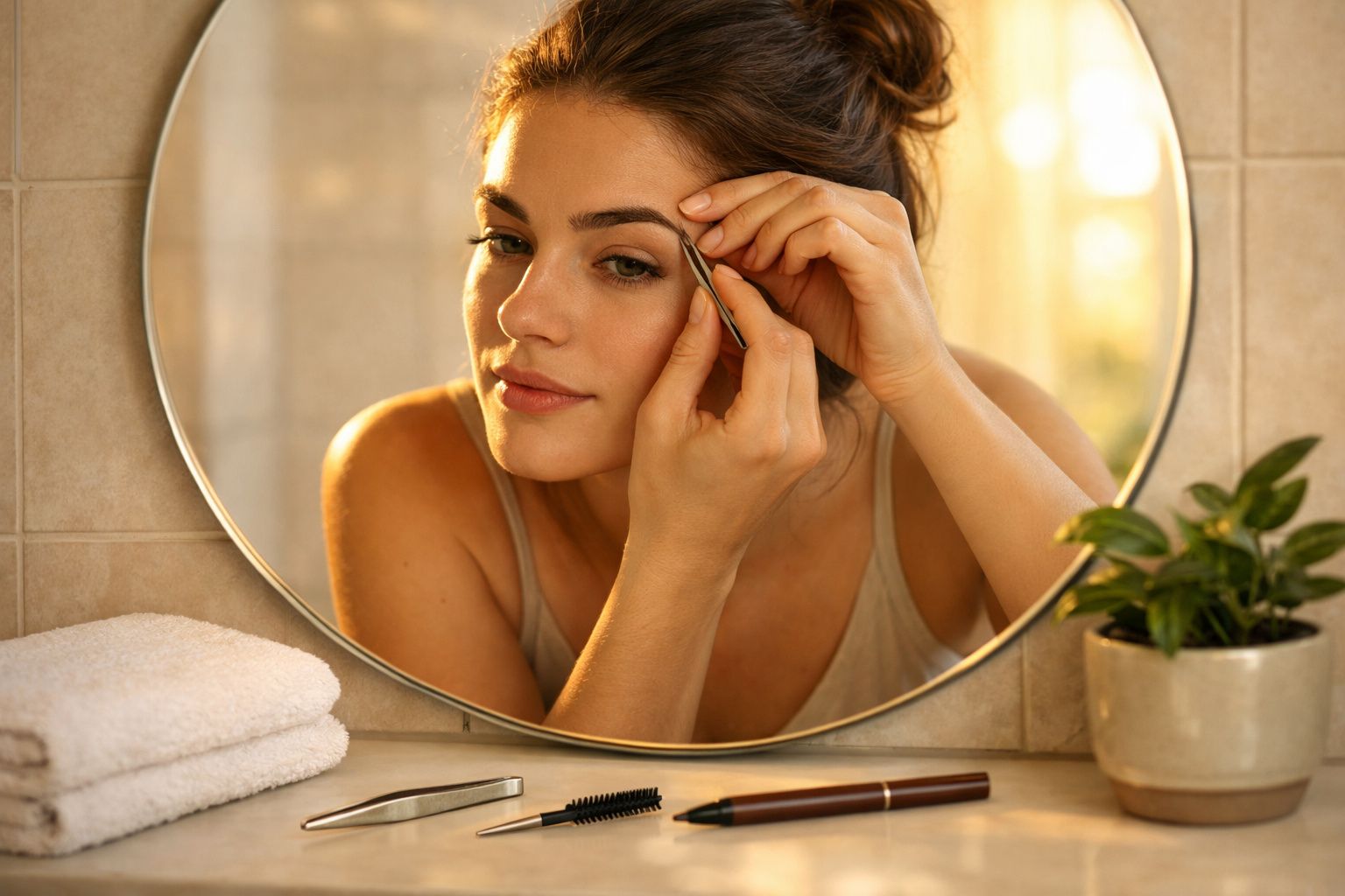 Mulher a remover ou pentear as sobrancelhas com uma pinça em frente a um espelho redondo.