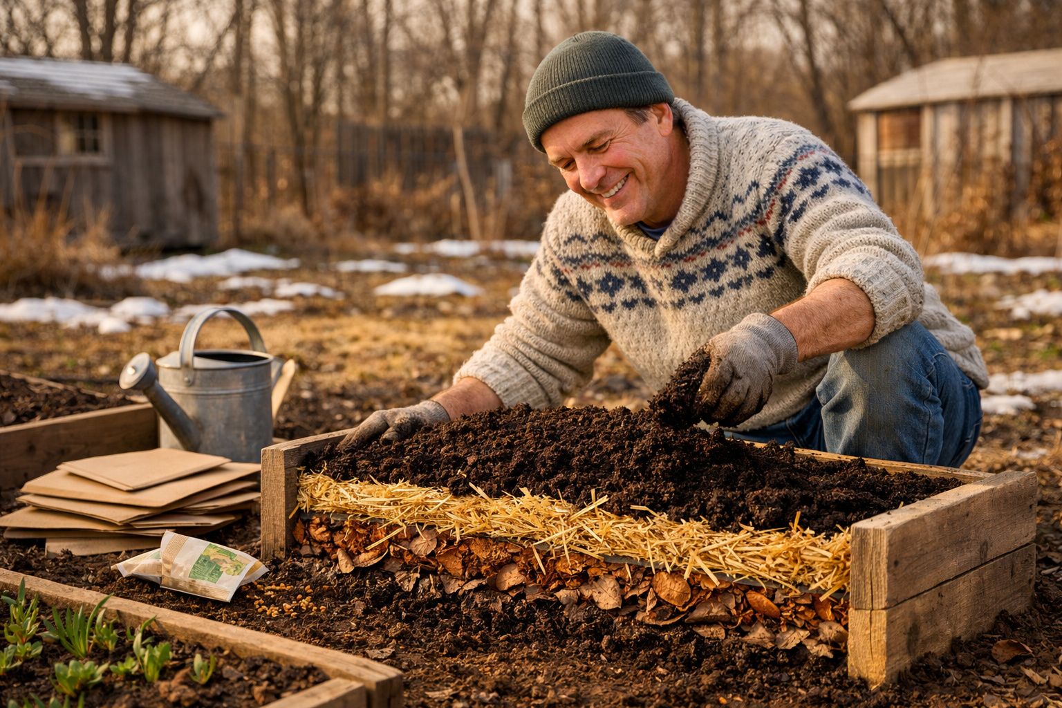 Homem sorridente a preparar canteiro com compostagem em jardim ao ar livre no outono.