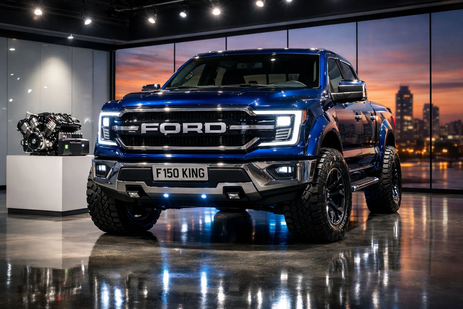 Caçamba Ford F150 King azul brilhante em exposição interior com motor ao lado e vista urbana ao fundo ao pôr do sol.
