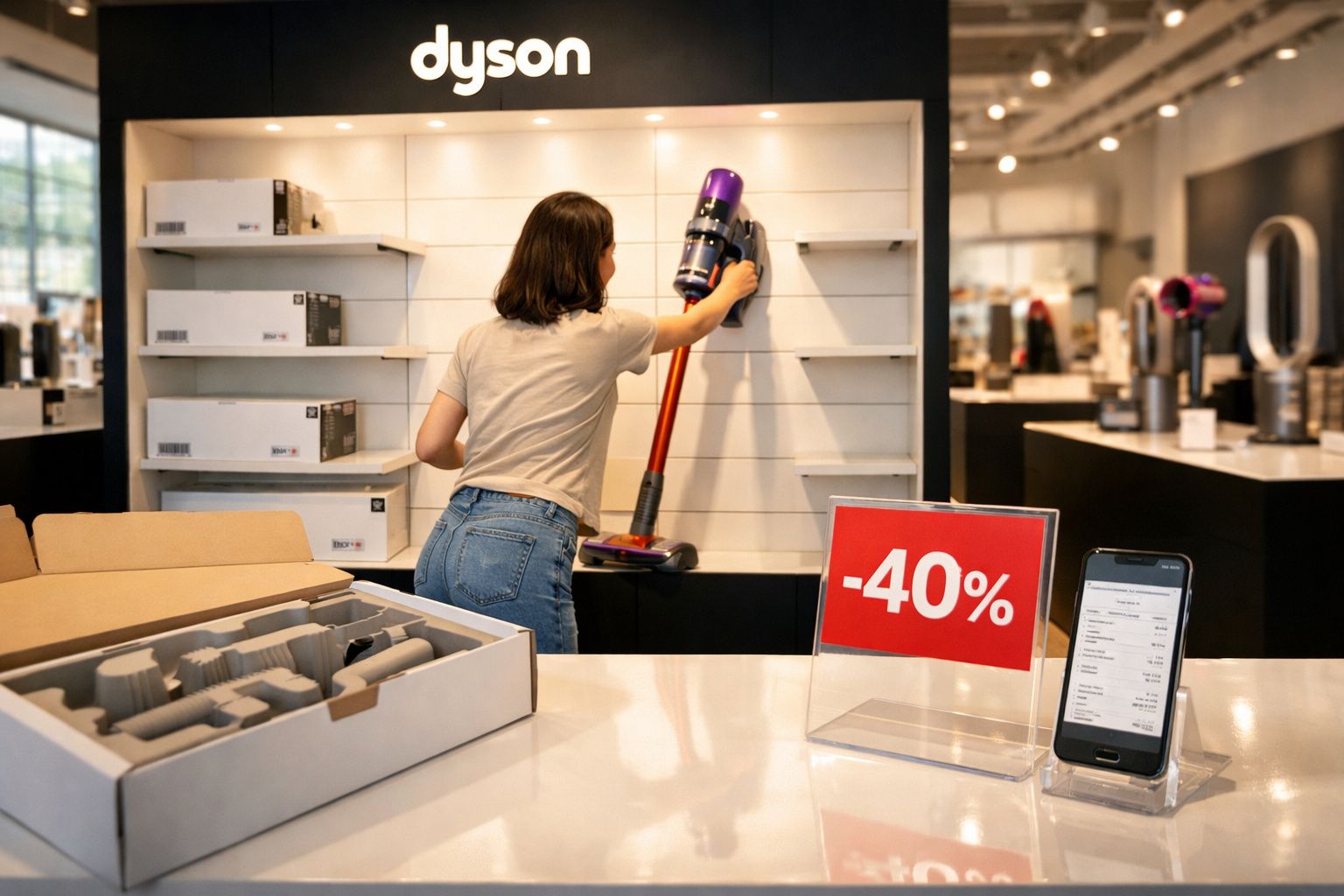 Mulher arruma aspirador sem fios numa loja com placa de desconto de 40% e telemóvel sobre balcão.