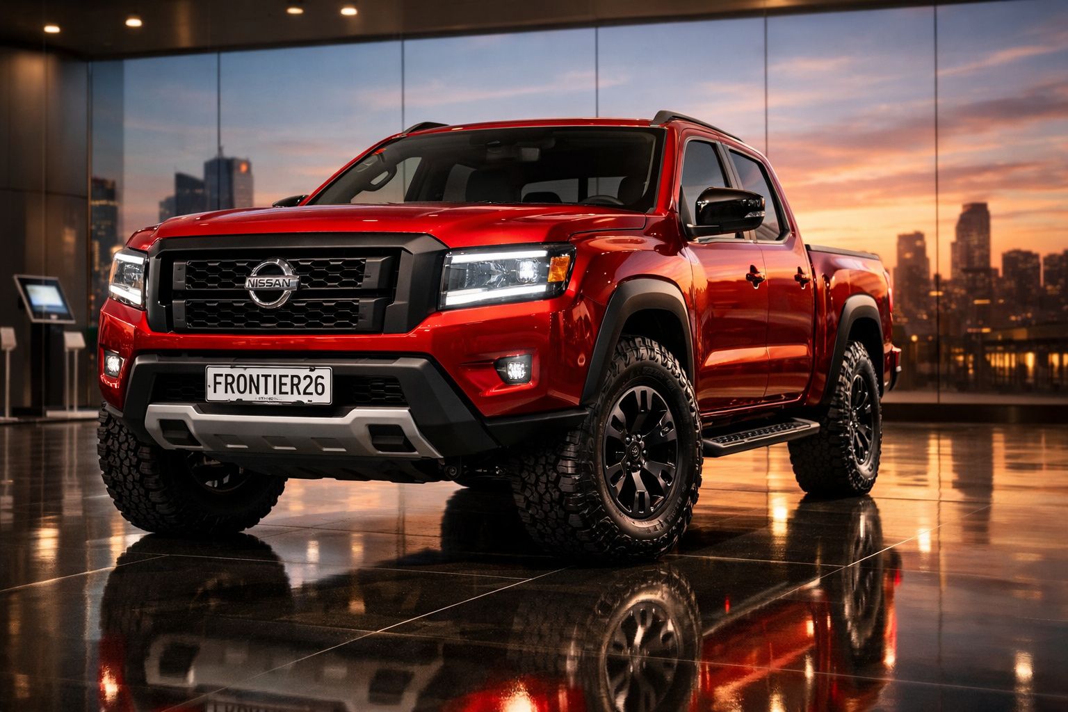 Pick-up Nissan Frontier vermelha estacionada em interior com reflexos no chão e cidade ao fundo ao pôr do sol.
