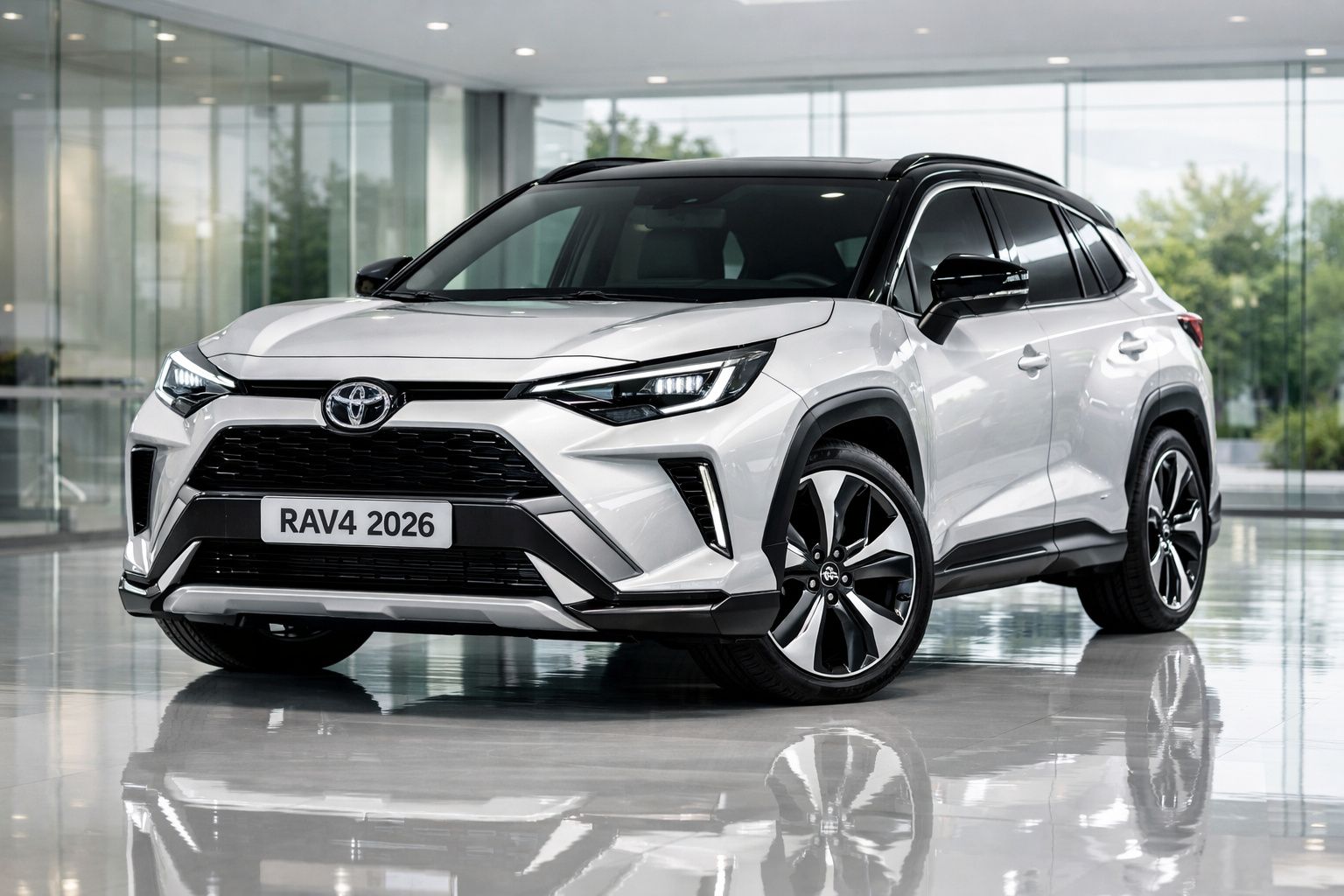 Toyota RAV4 2026 branco com detalhes em preto estacionado em interior moderno e refletivo.