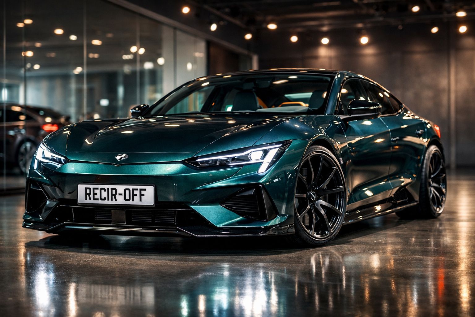Carro desportivo elétrico verde escuro, estacionado em piso refletor e ambiente moderno com luzes no teto.