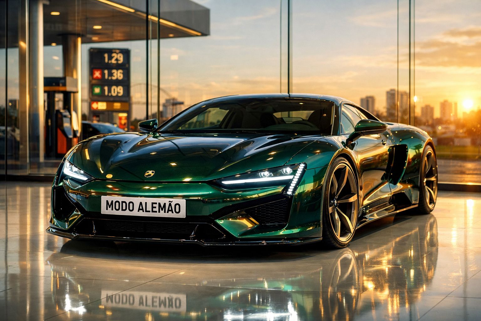 Carro desportivo verde metálico estacionado num showroom com licença "Modo Alemão" à frente.