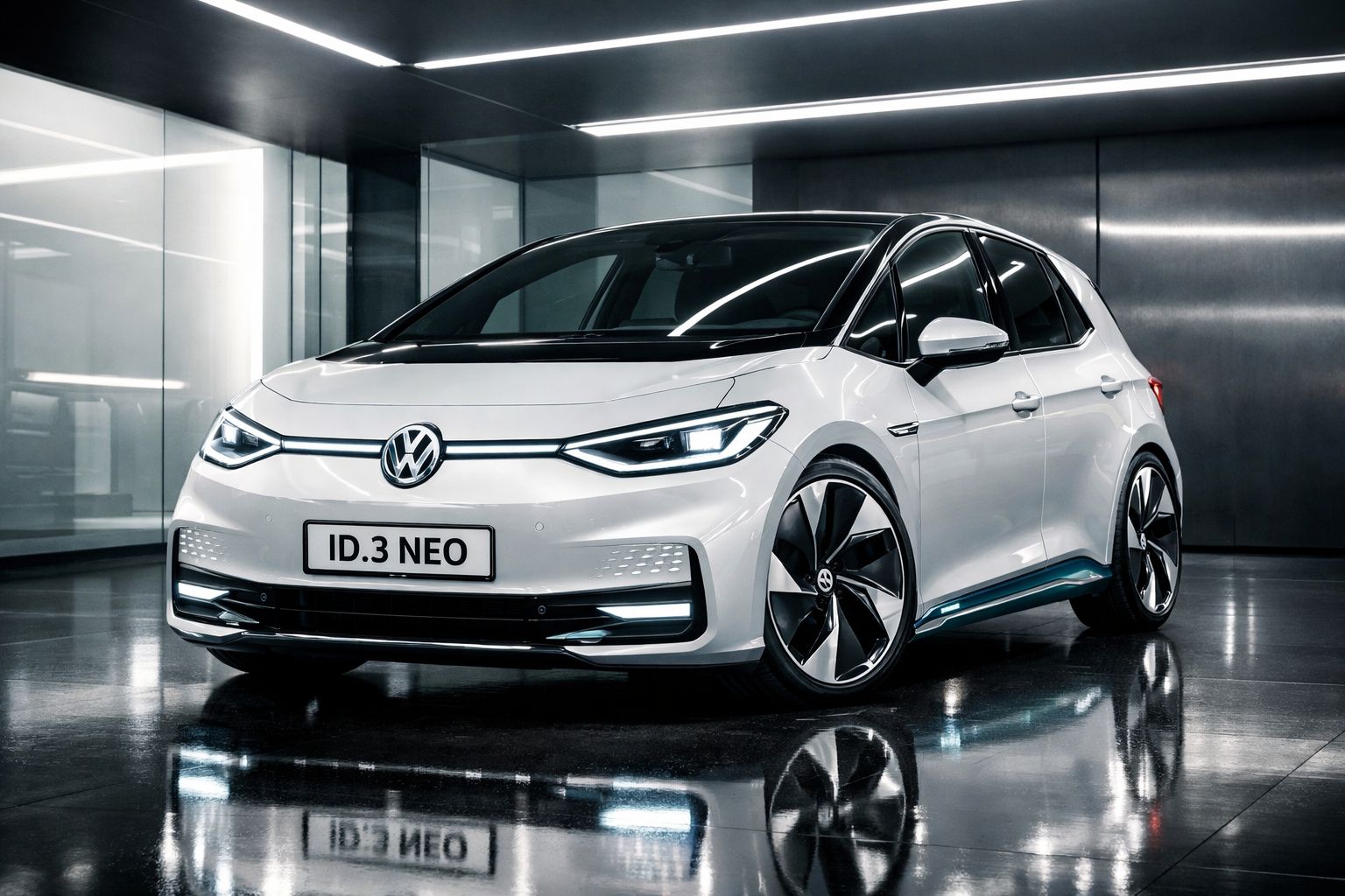 Carro elétrico Volkswagen ID.3 Neo branco estacionado em interior moderno e luminoso.
