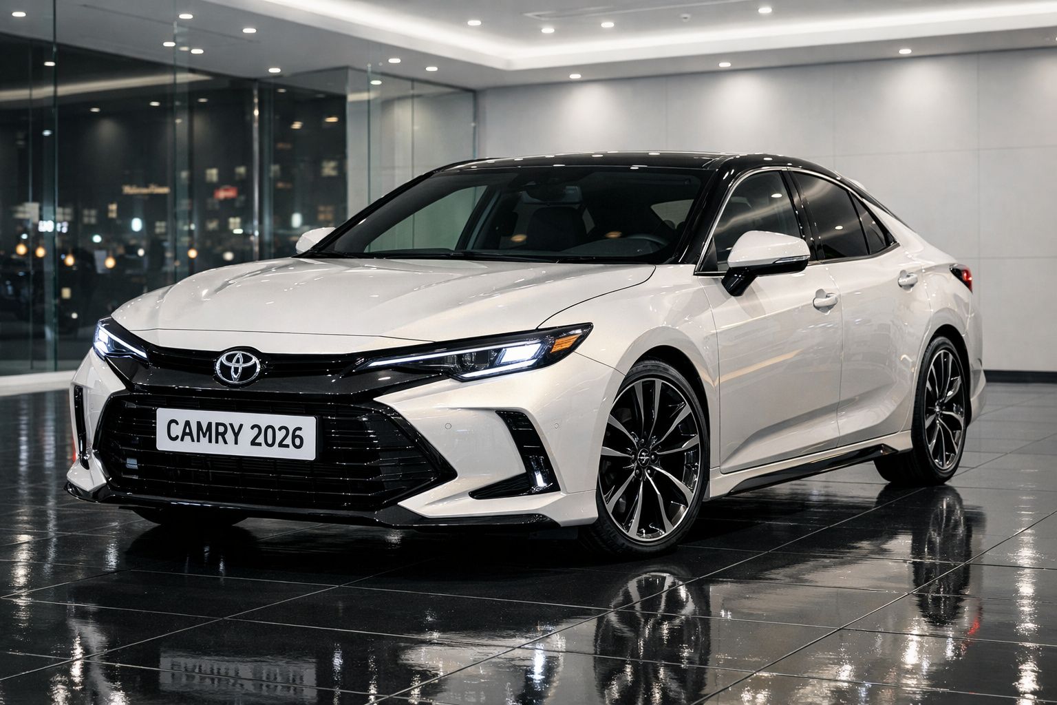 Toyota Camry 2026 branco com tejadilho preto estacionado em piso brilhante interior.