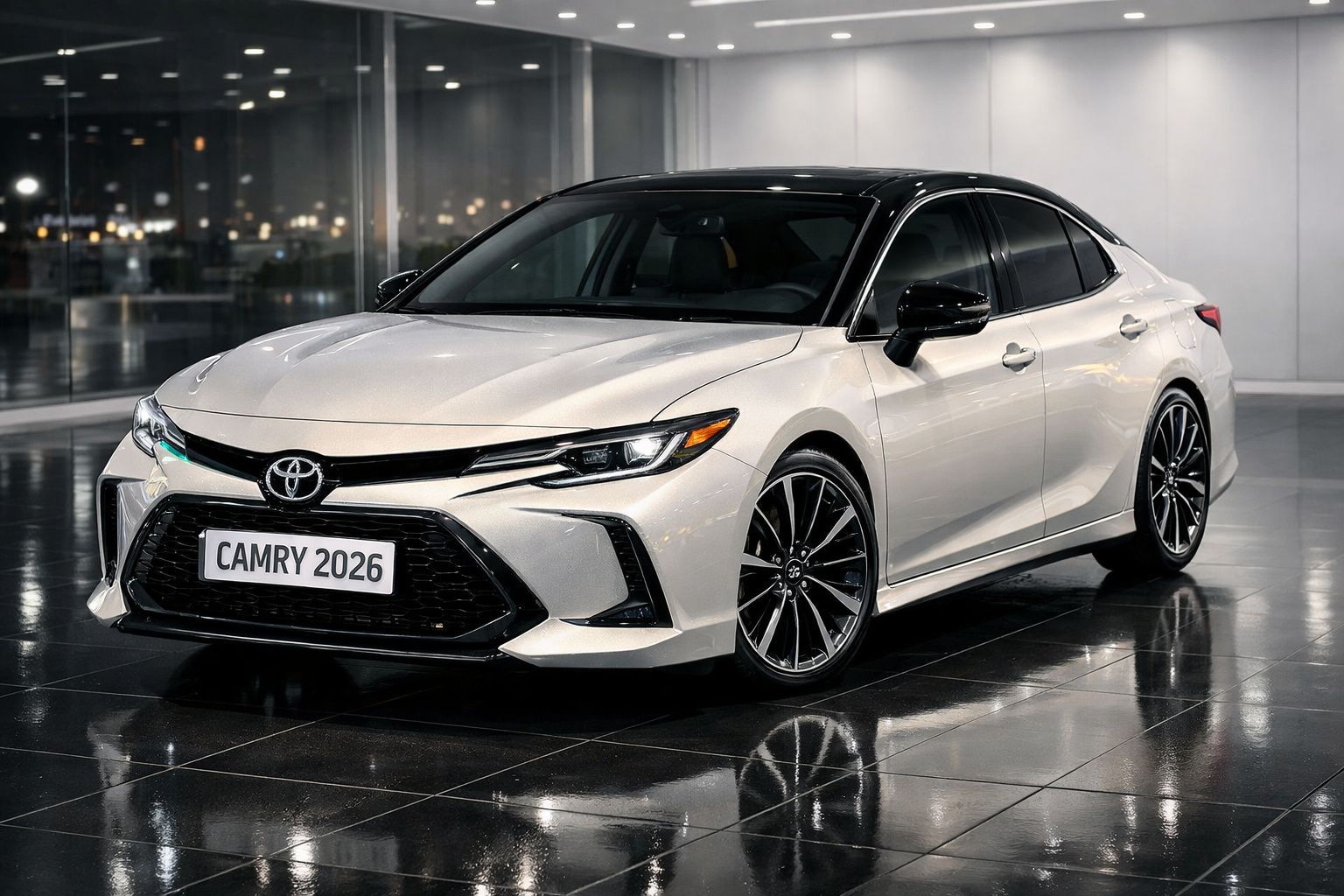 Carro Toyota Camry 2026 branco com teto preto estacionado em piso brilhante interior.