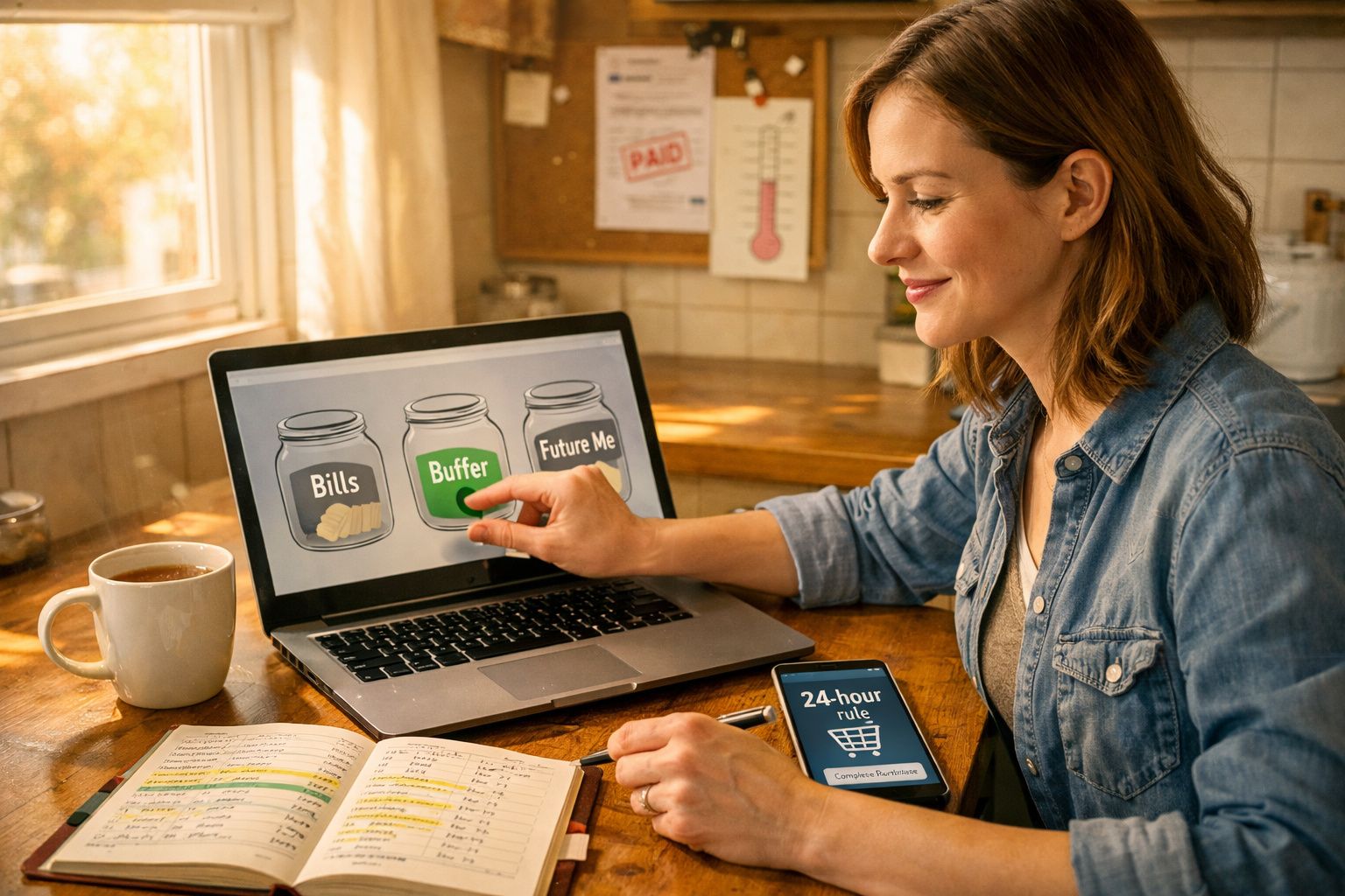 Mulher a gerir finanças pessoais no computador com três frascos digitais e a consultar smartphone e caderno.