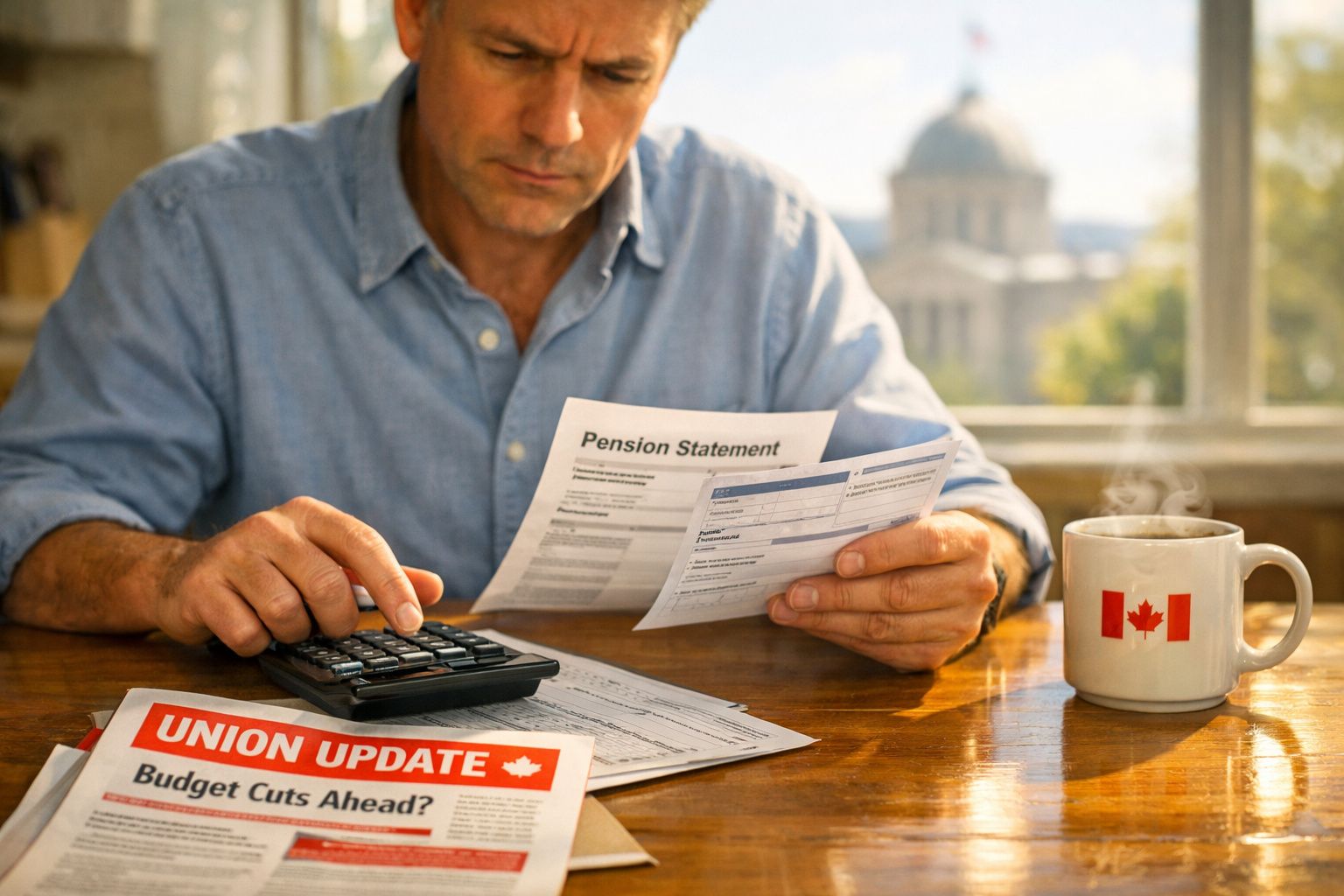 Homem a calcular finanças com documentos de pensão e jornal sobre cortes orçamentais no Canadá.
