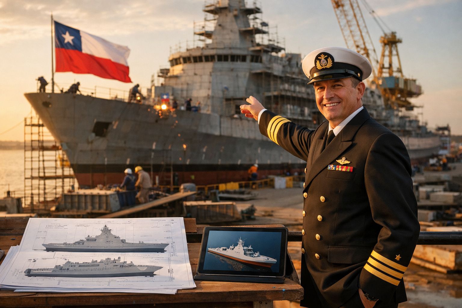 Oficial naval sorridente aponta para fragata no estaleiro com plantas e imagem digital do navio em primeiro plano.
