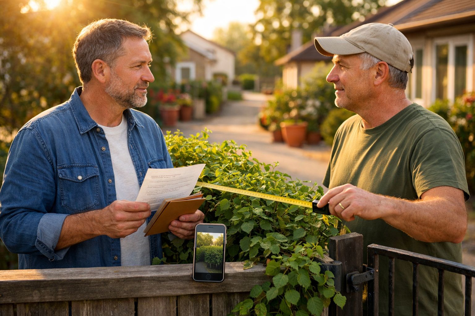 Dois homens conversam no jardim, um mede plantas com fita métrica e o outro segura documentos.