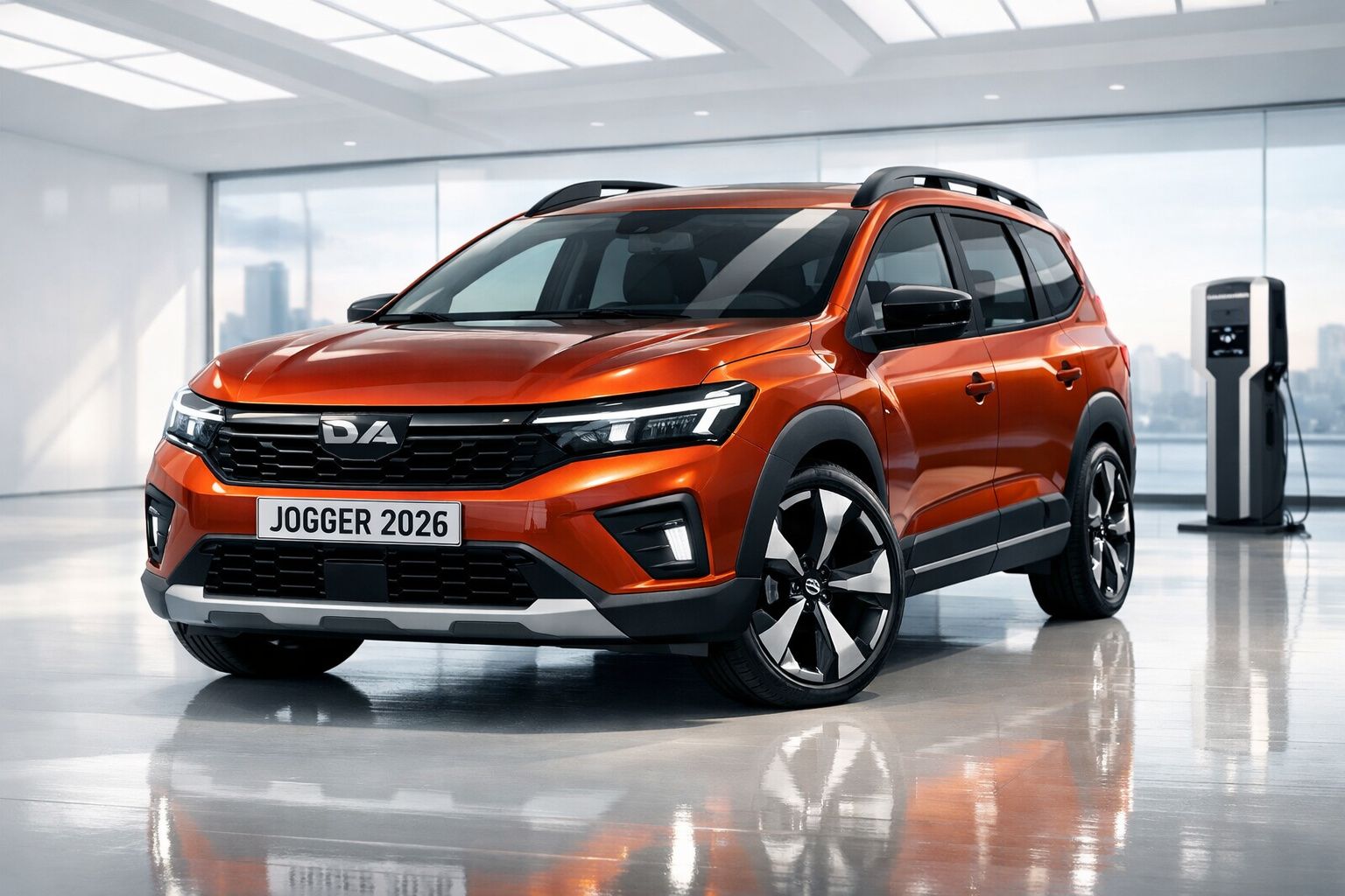 Automóvel SUV Dacia Jogger 2026 laranja em espaço interior moderno com estação de carregamento elétrico.