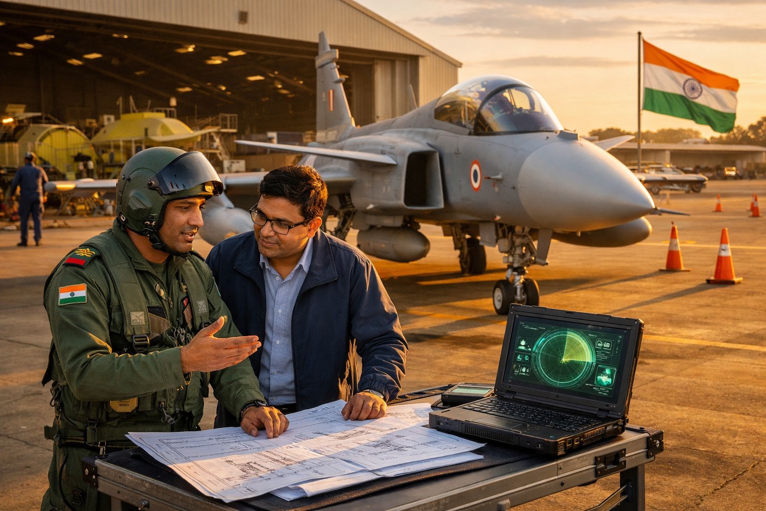 Militar e engenheiro a discutir planos perto de avião militar e laptop no aeroporto ao pôr do sol, com bandeira da Índia.