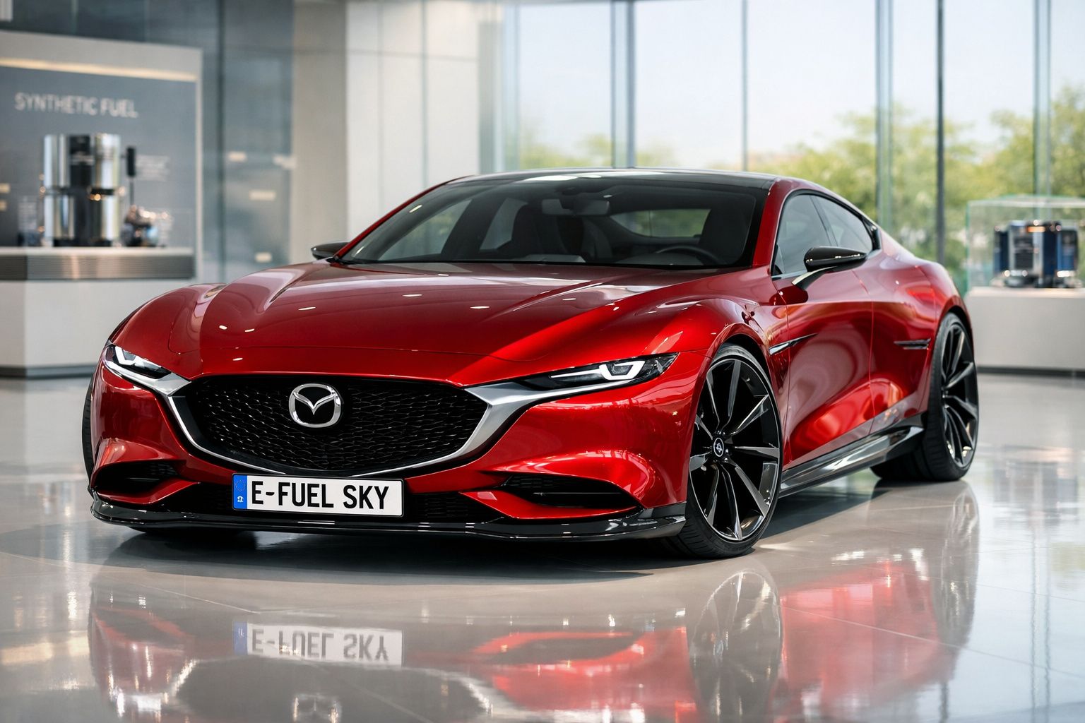 Carro desportivo Mazda vermelho brilhante com matrícula E-FUEL SKY, mostrado num salão com chão refletor.