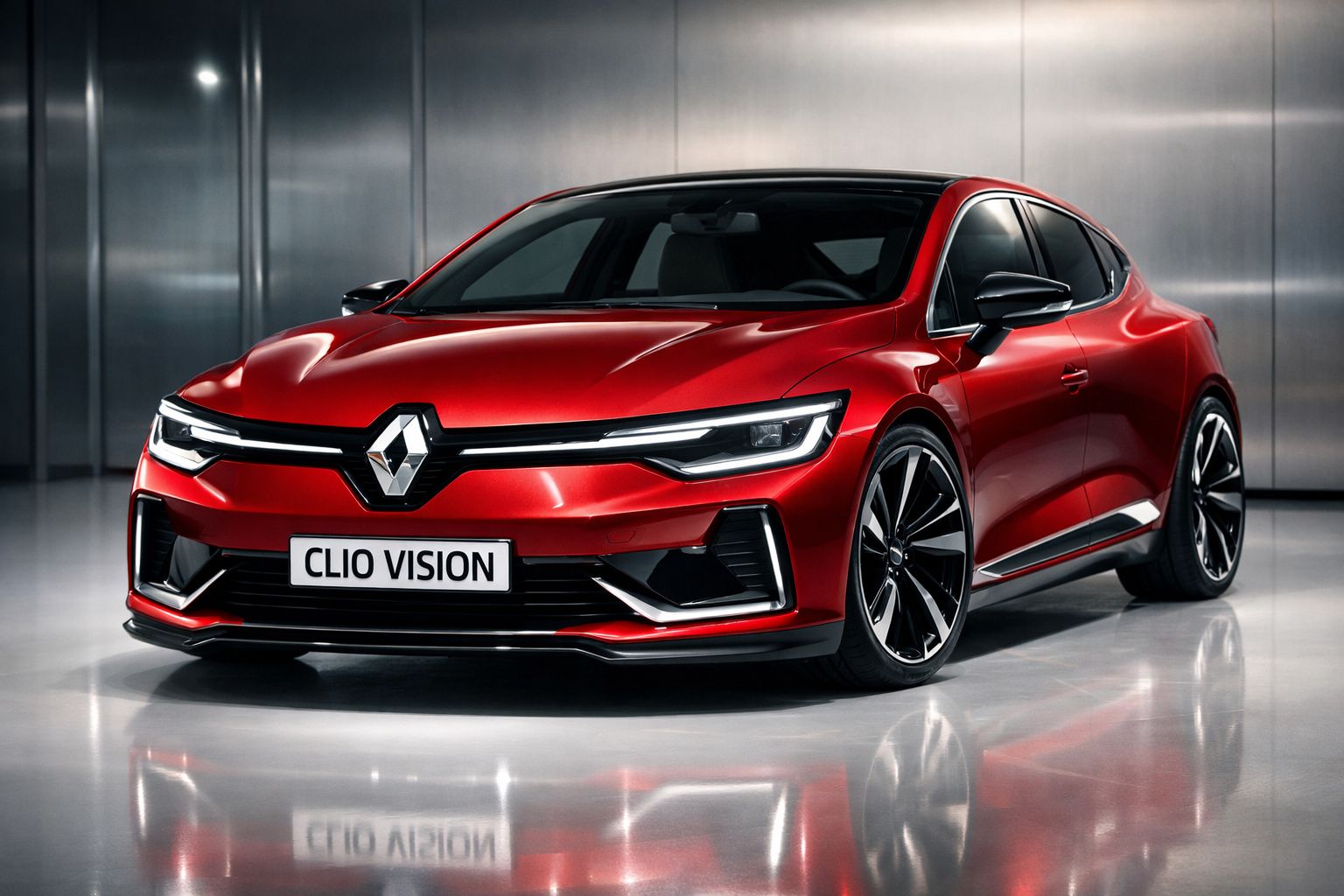 Automóvel Renault Clio Vision vermelho brilhante, visto de frente em ambiente moderno e minimalista.