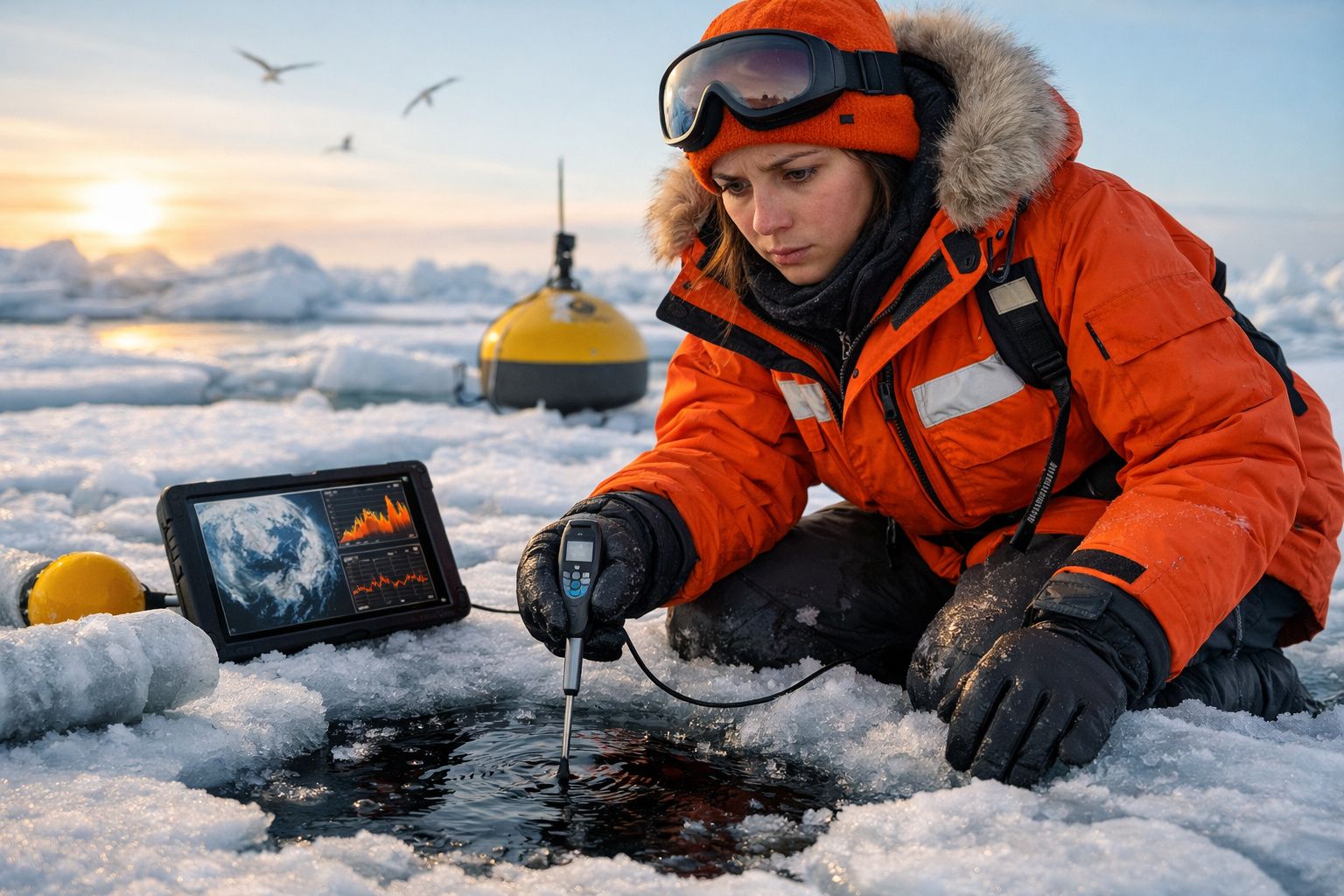Investigadora com roupa de frio a medir a temperatura da água no gelo, com equipamentos científicos ao lado.