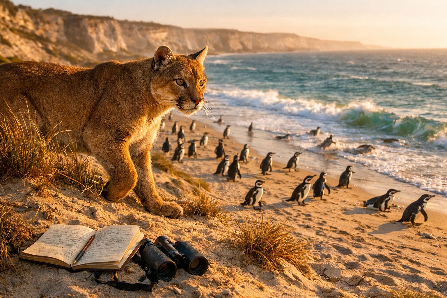 Puma à beira-mar com pinguins na praia, um caderno e binóculos no primeiro plano ao entardecer.
