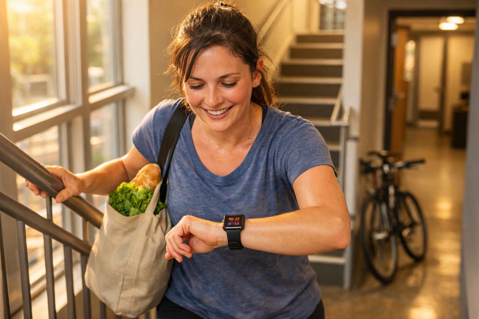 Mulher sorridente a subir escadas, com saco de compras e a olhar para o relógio inteligente no pulso.